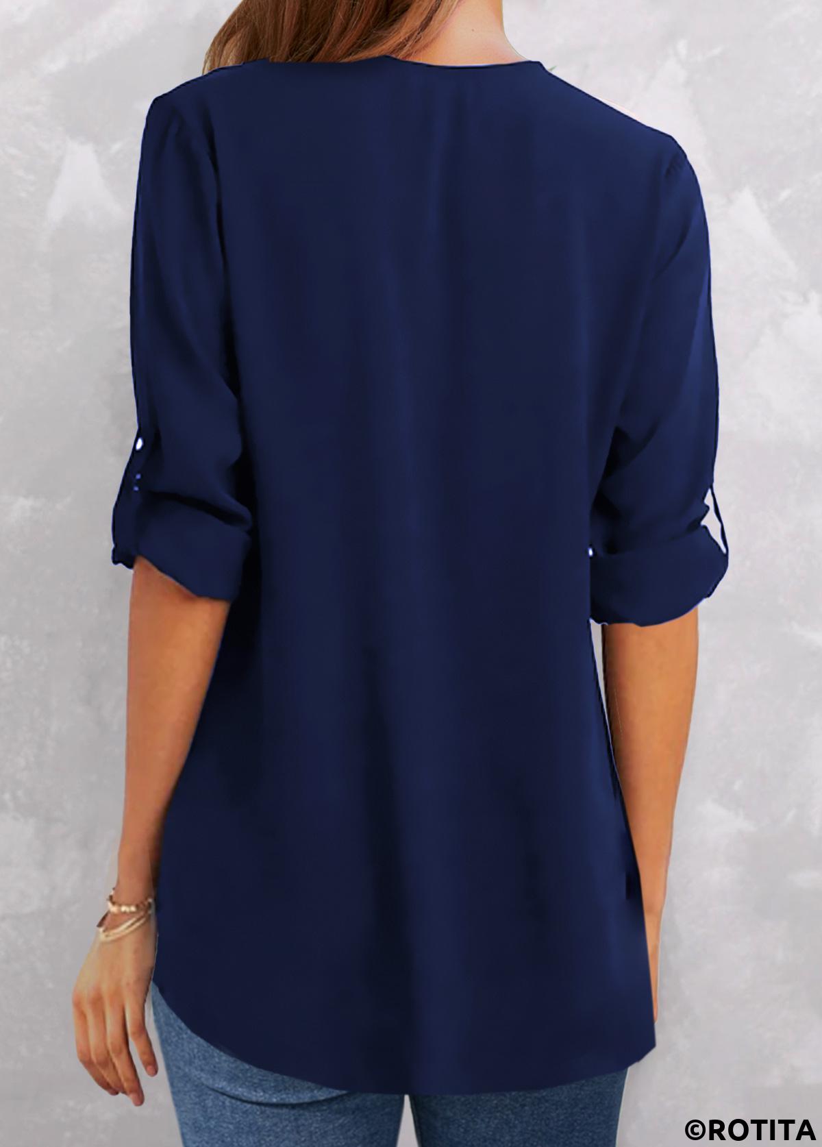 Navy tops,Plain Color tops,ROTITA Button Navy Split Neck Half Sleeve Blouse