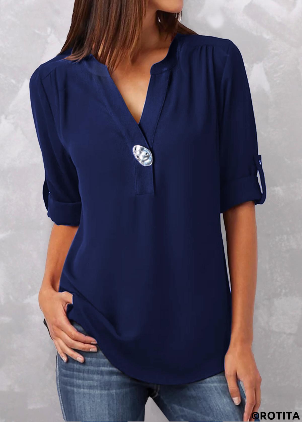 Navy tops,Plain Color tops,ROTITA Button Navy Split Neck Half Sleeve Blouse