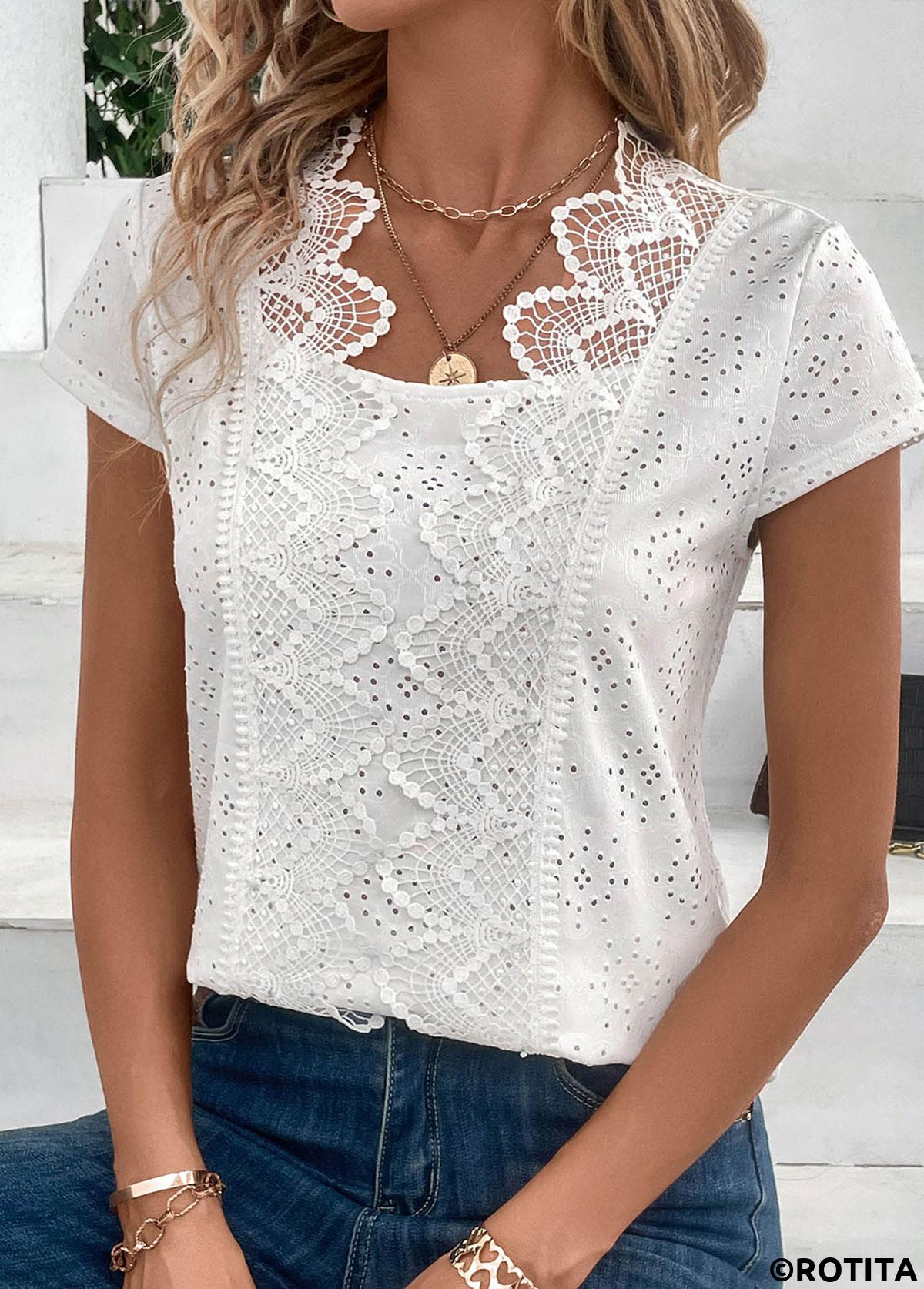 White tops,Plain Color tops,ROTITA Patchwork White Scoop Neck Short Sleeve Blouse