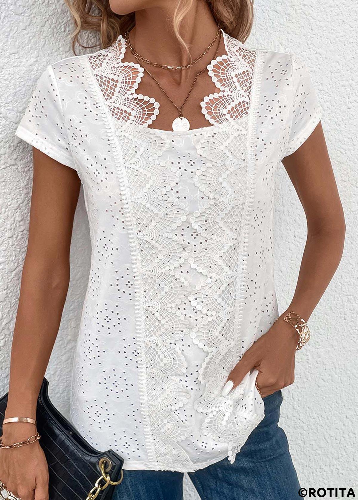 White tops,Plain Color tops,ROTITA Patchwork White Scoop Neck Short Sleeve Blouse
