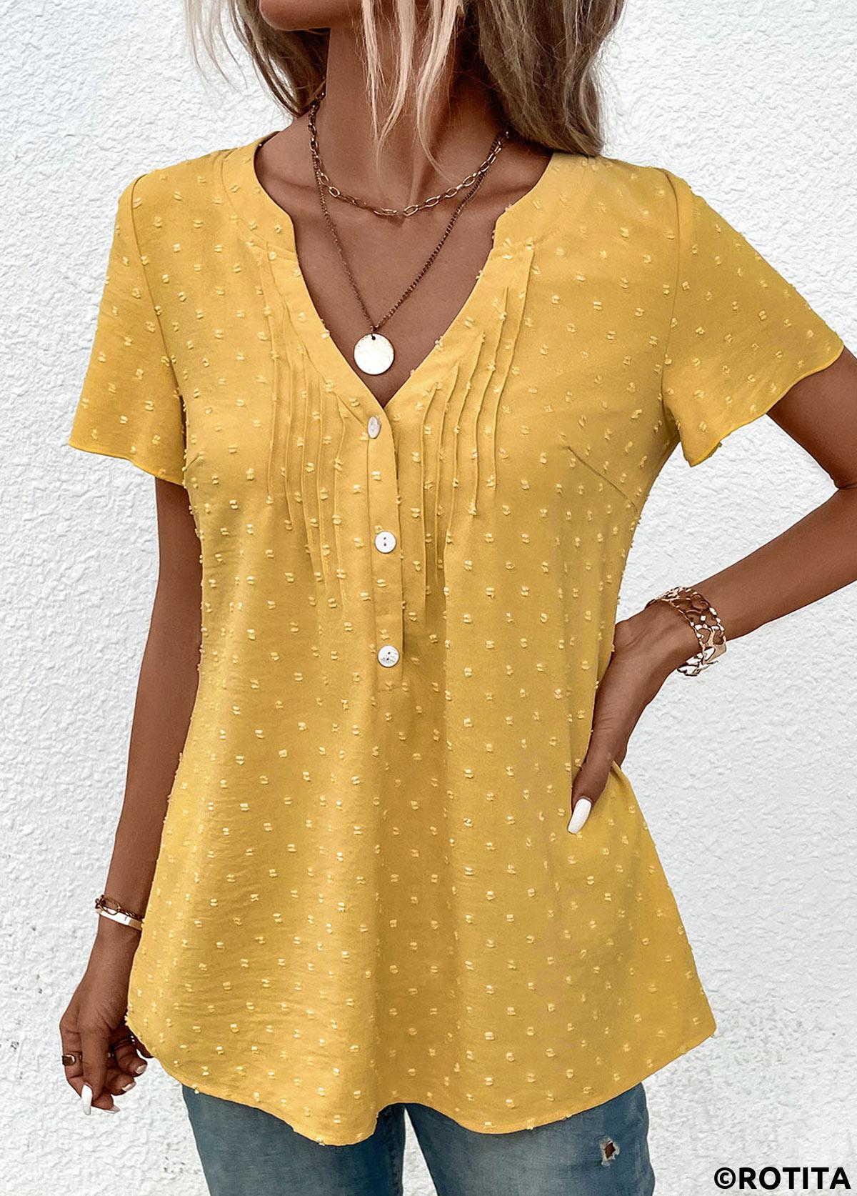 Light Yellow tops,Plain Color tops,ROTITA Jacquard Light Yellow V Neck Short Sleeve Blouse