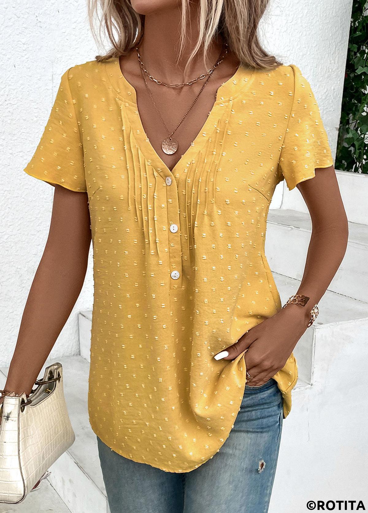 Light Yellow tops,Plain Color tops,ROTITA Jacquard Light Yellow V Neck Short Sleeve Blouse