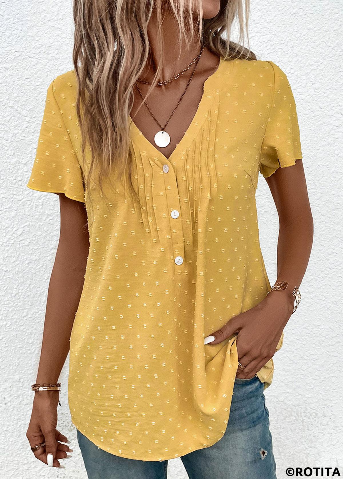 Light Yellow tops,Plain Color tops,ROTITA Jacquard Light Yellow V Neck Short Sleeve Blouse