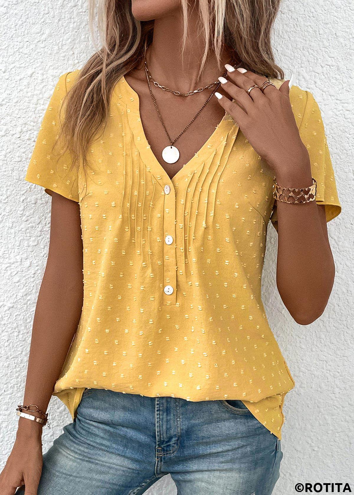 Light Yellow tops,Plain Color tops,ROTITA Jacquard Light Yellow V Neck Short Sleeve Blouse