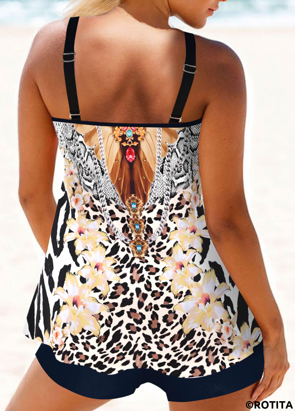 Mehrfarbiges Tankini-Set mit rundem Ring und Animal-Print