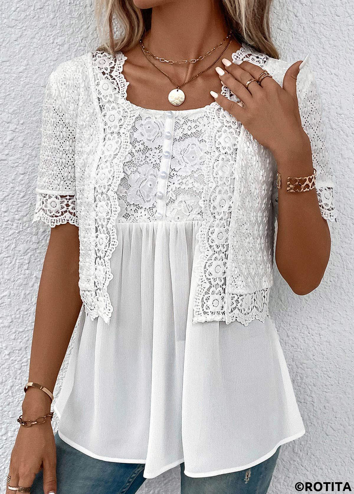 White tops,Plain Color tops,ROTITA Fake 2in1 White Round Neck Short Sleeve Blouse