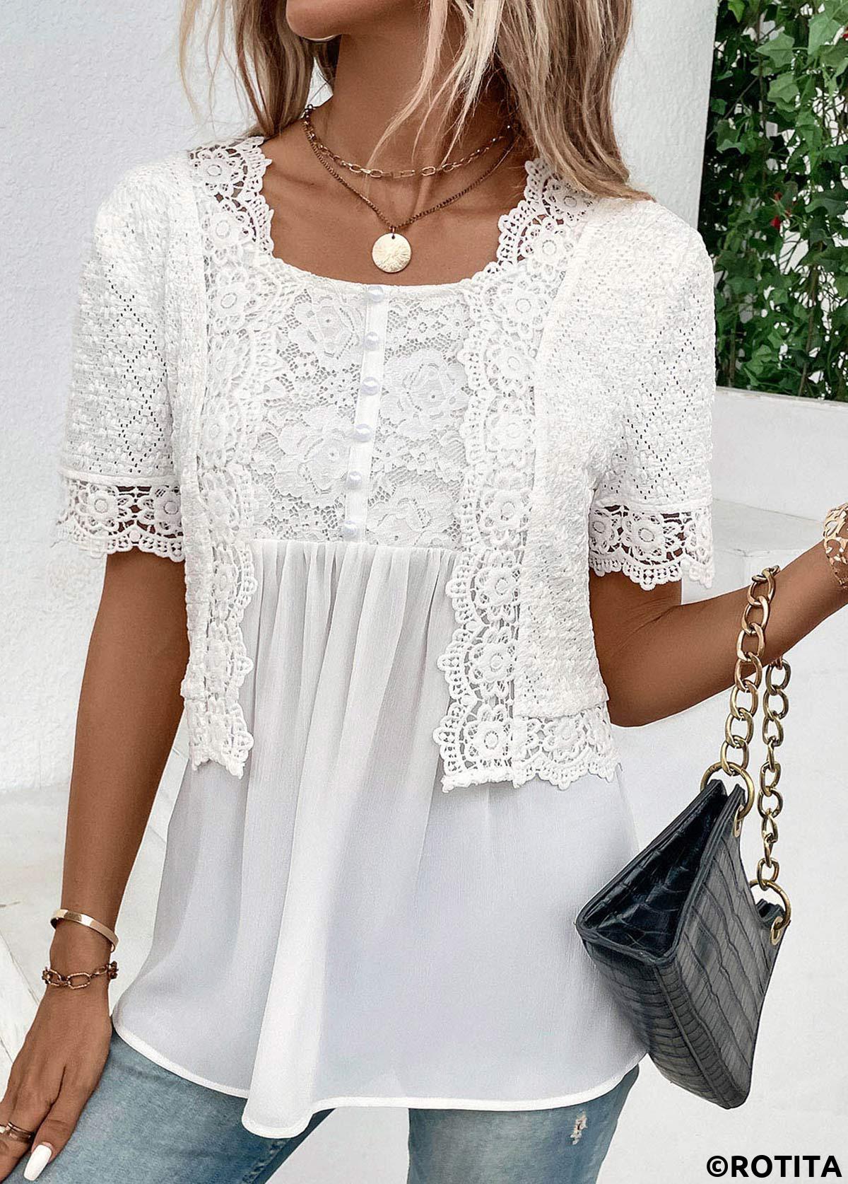 White tops,Plain Color tops,ROTITA Fake 2in1 White Round Neck Short Sleeve Blouse