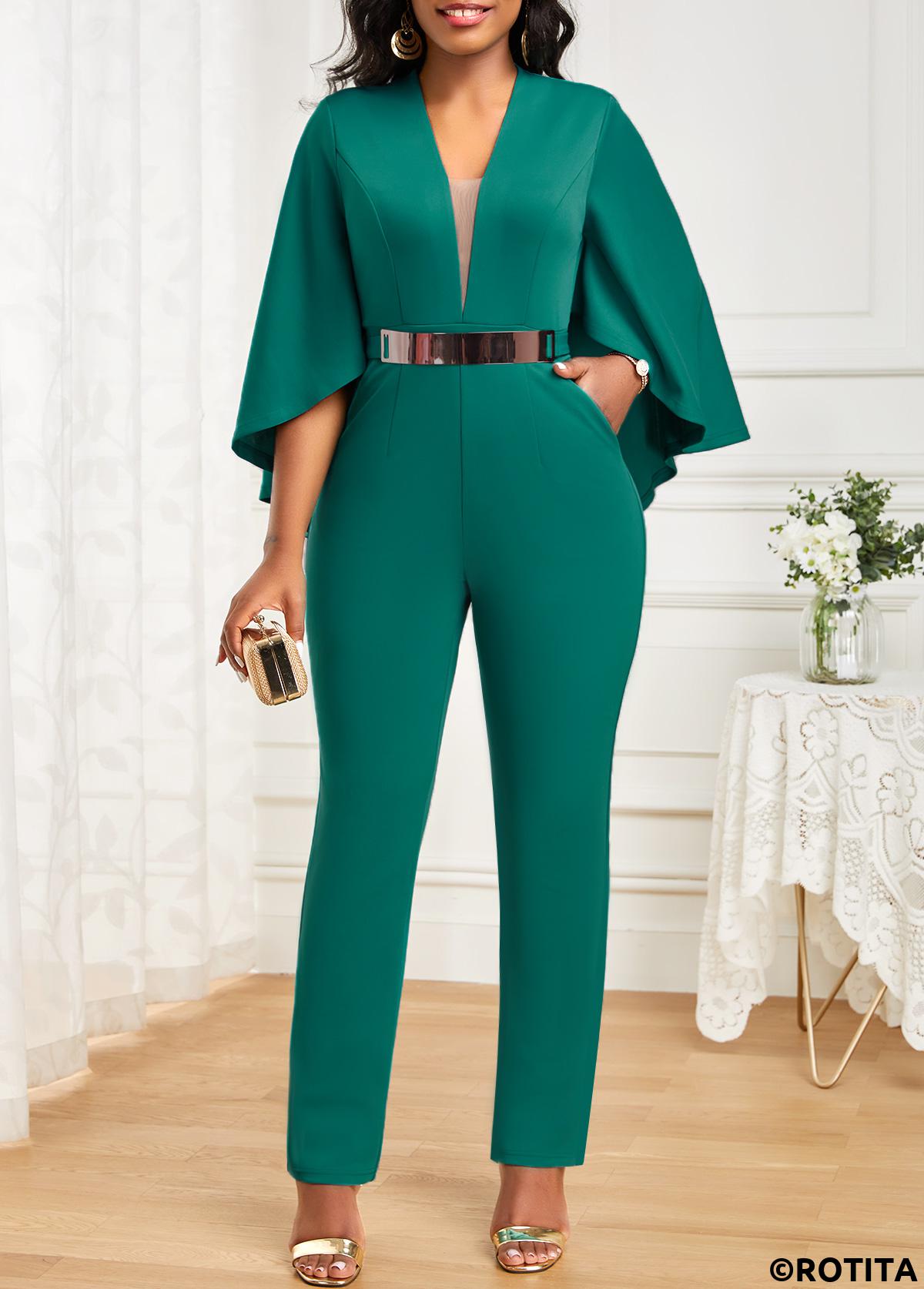 Green jumpsuits&rompers,Plain Color jumpsuits&rompers,ROTITA Pocket Green Ankle Length Regular V Neck Jumpsuit