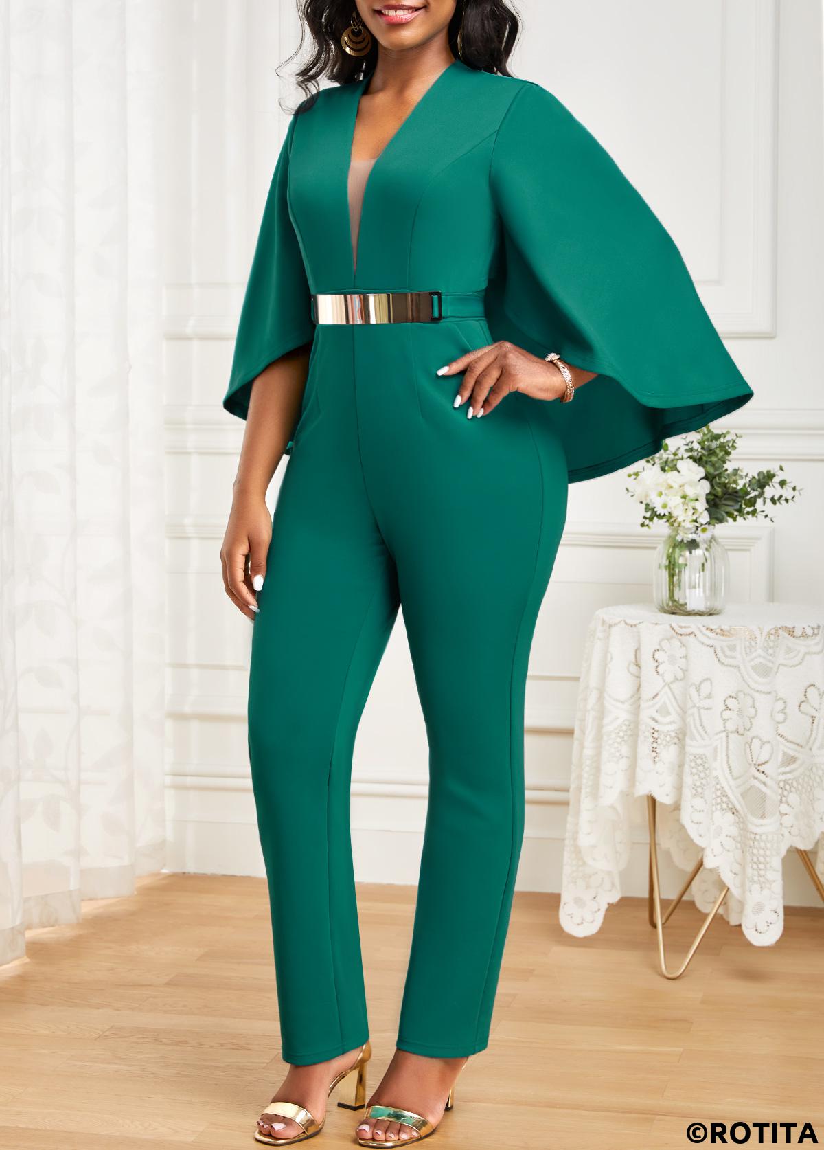 Green jumpsuits&rompers,Plain Color jumpsuits&rompers,ROTITA Pocket Green Ankle Length Regular V Neck Jumpsuit