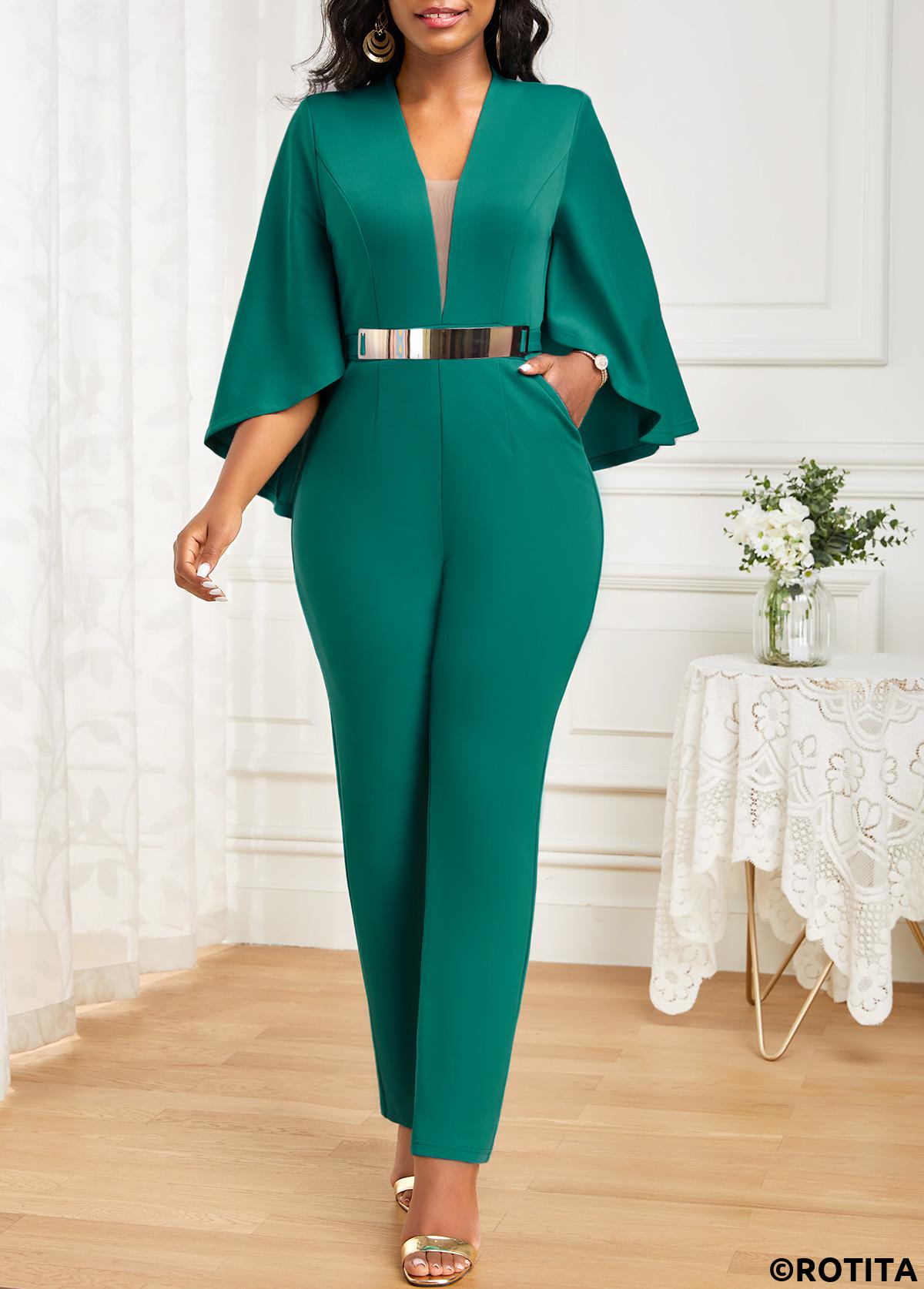Green jumpsuits&rompers,Plain Color jumpsuits&rompers,ROTITA Pocket Green Ankle Length Regular V Neck Jumpsuit