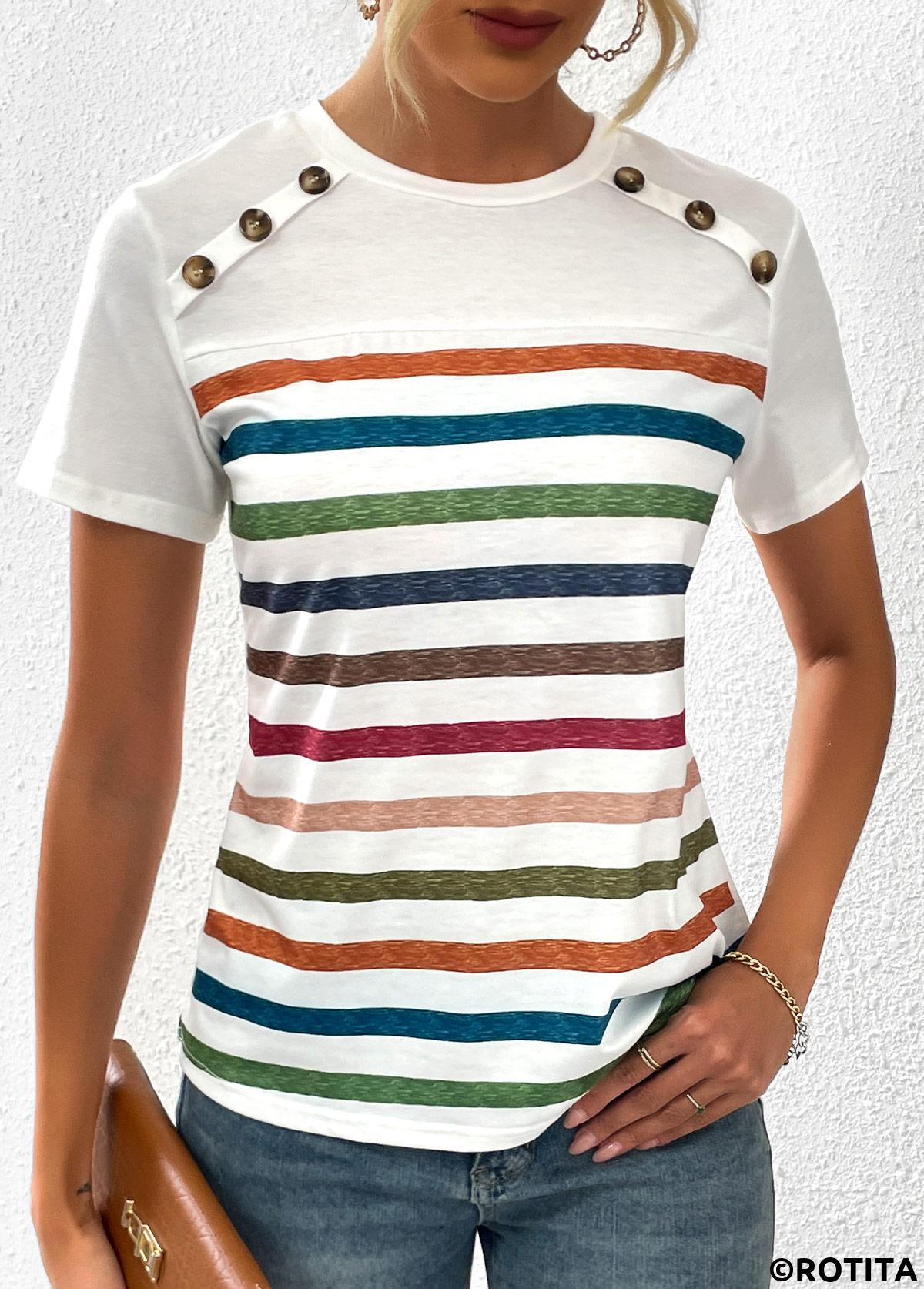 Button Striped White Round Neck T Shirt