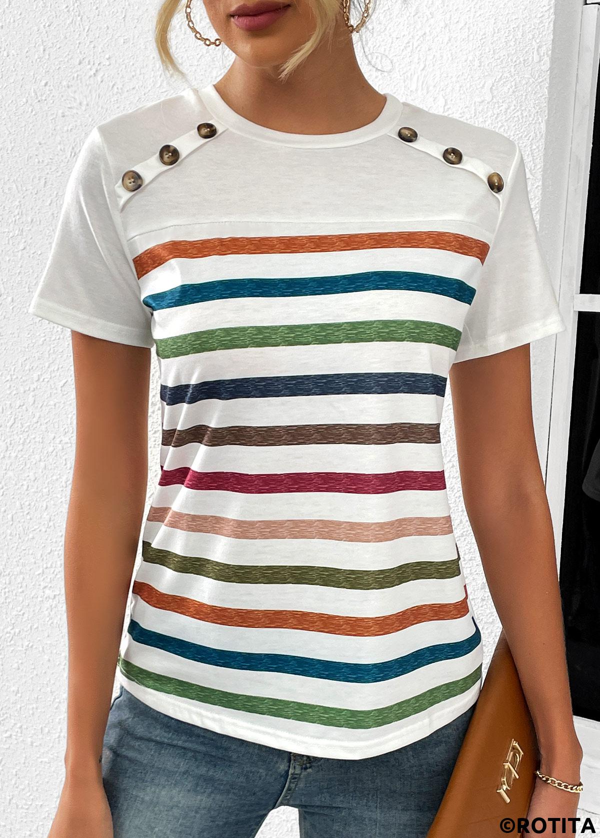 Button Striped White Round Neck T Shirt