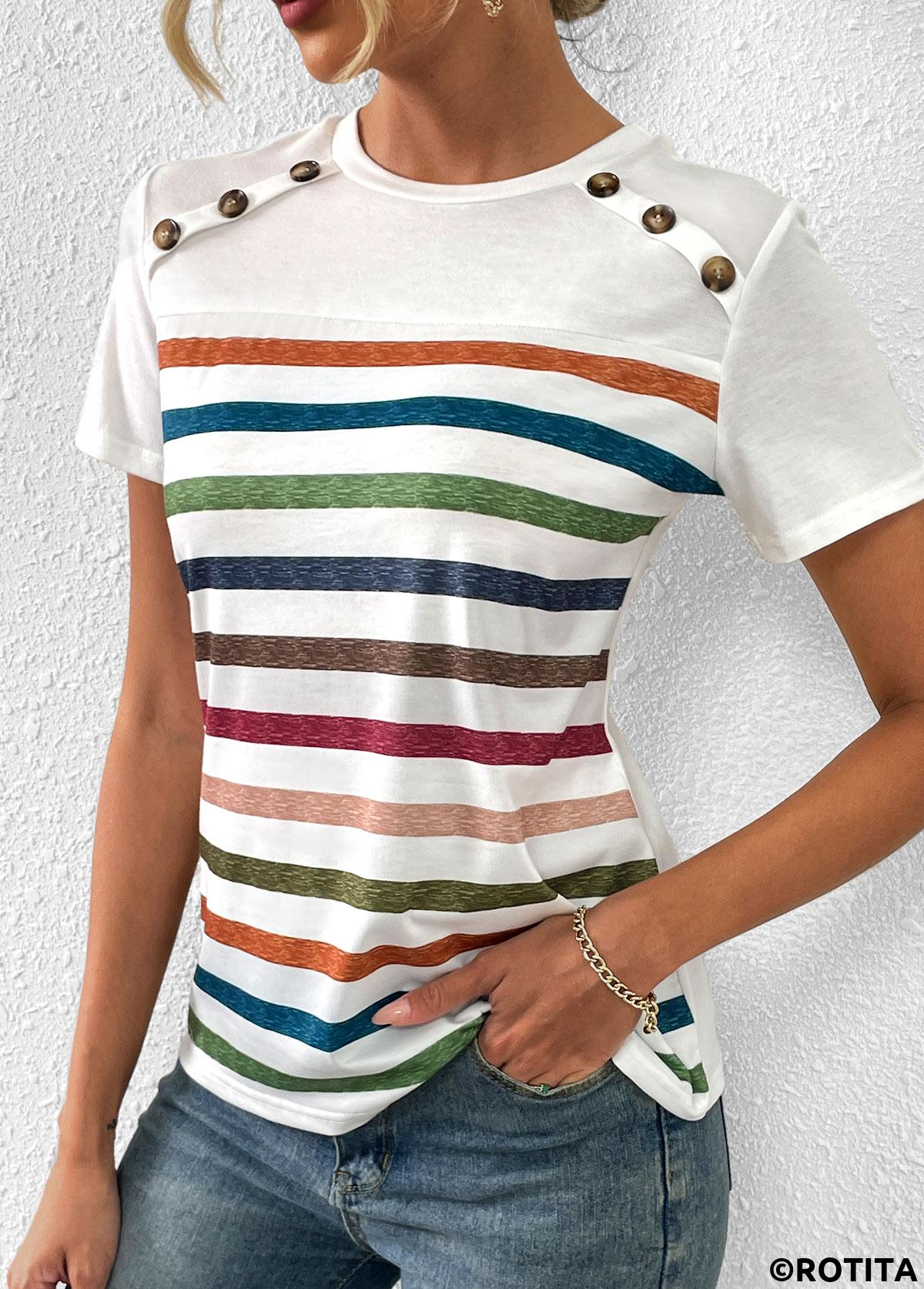 Button Striped White Round Neck T Shirt