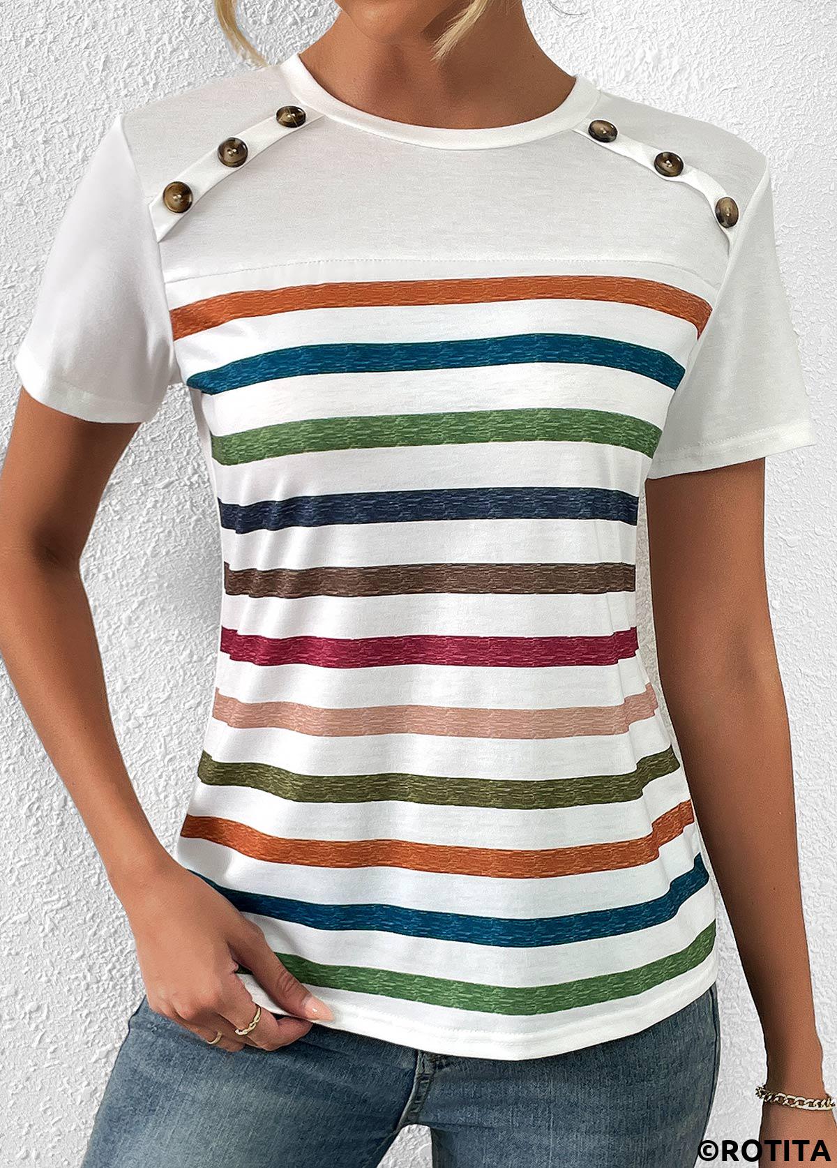 Button Striped White Round Neck T Shirt