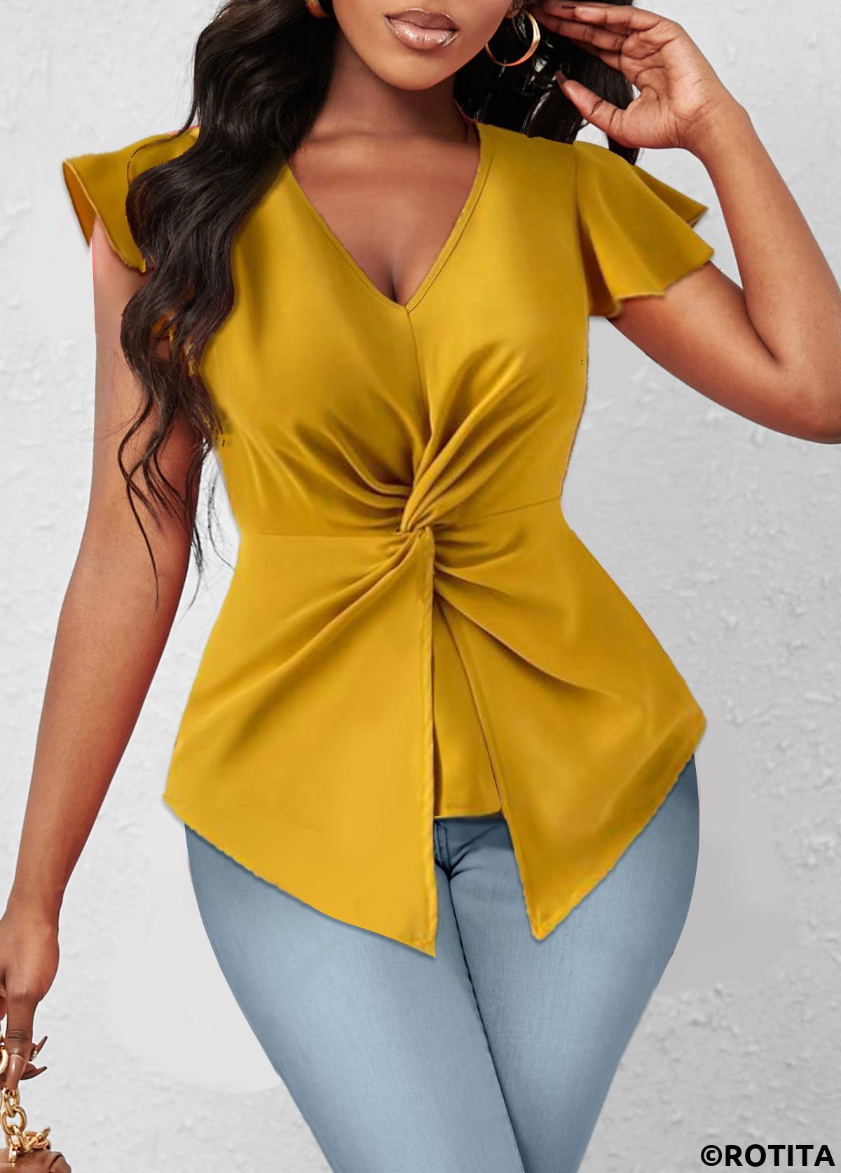 Ginger tops,Plain Color tops,ROTITA Twist Ginger V Neck Short Sleeve T Shirt