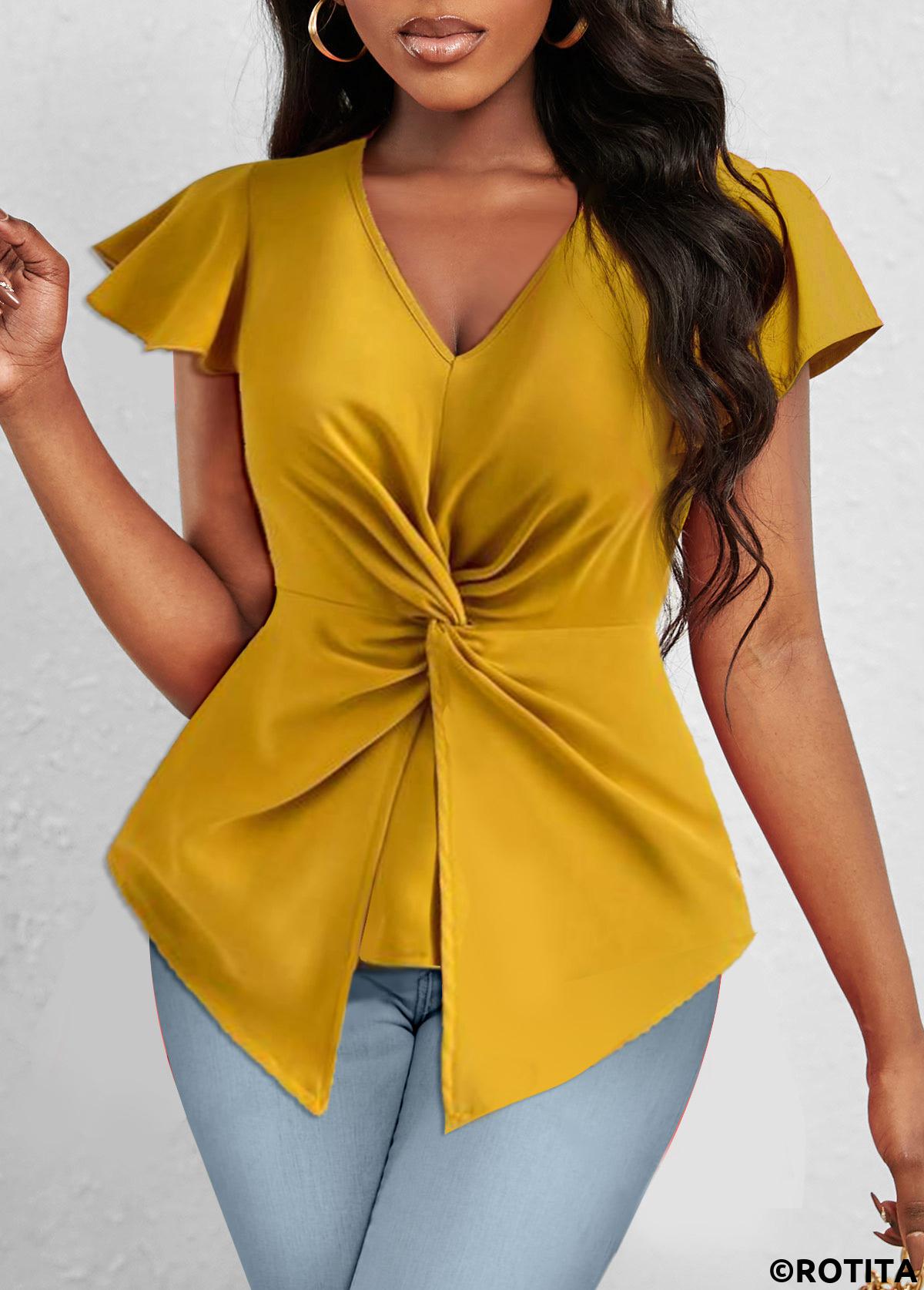 Ginger tops,Plain Color tops,ROTITA Twist Ginger V Neck Short Sleeve T Shirt