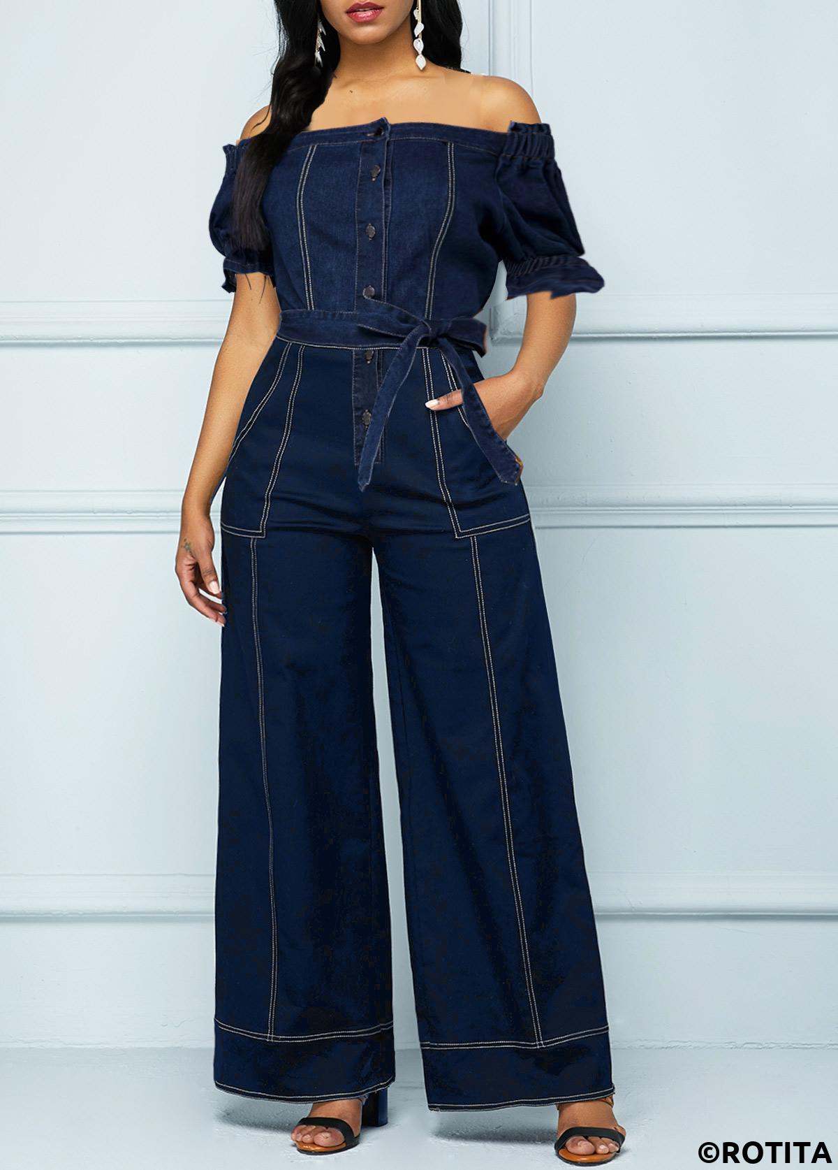 Navy jumpsuits&rompers,Plain Color jumpsuits&rompers,ROTITA Button Navy Belted Long Off Shoulder Jumpsuit