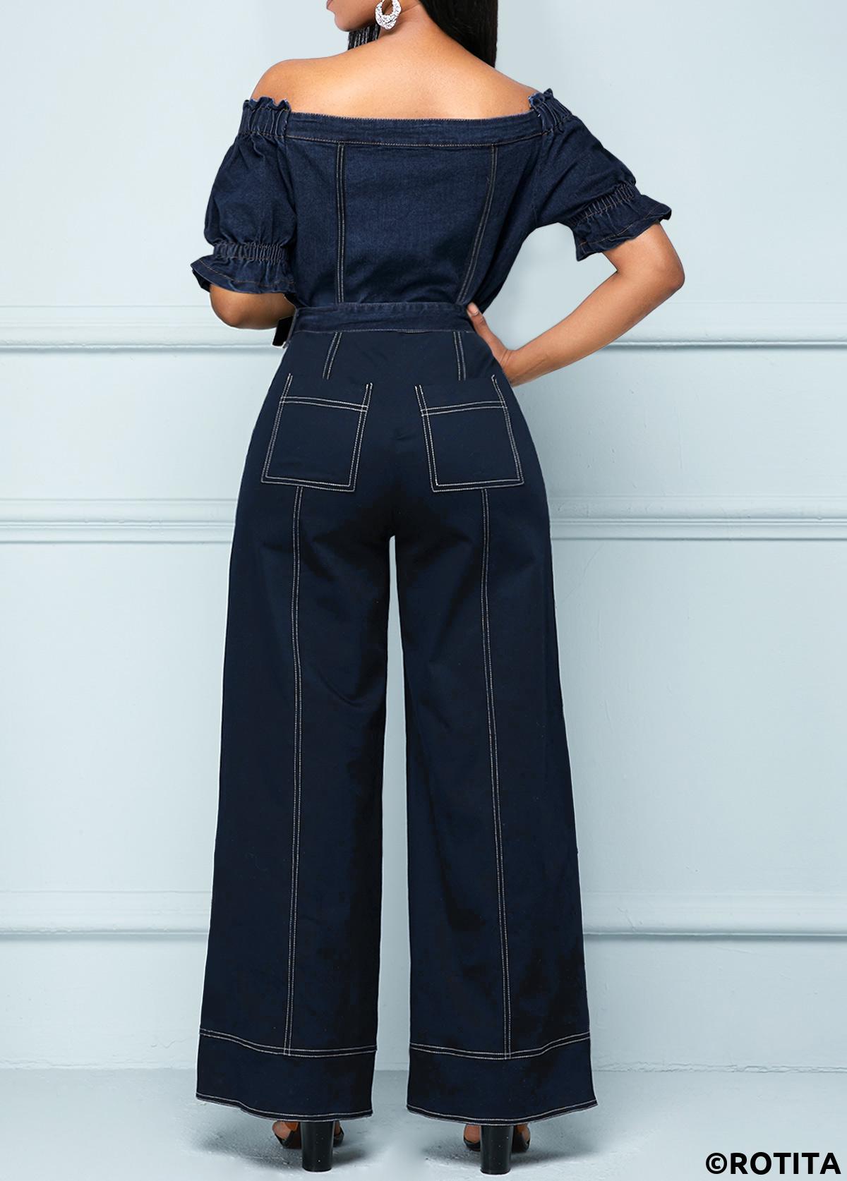 Navy jumpsuits&rompers,Plain Color jumpsuits&rompers,ROTITA Button Navy Belted Long Off Shoulder Jumpsuit