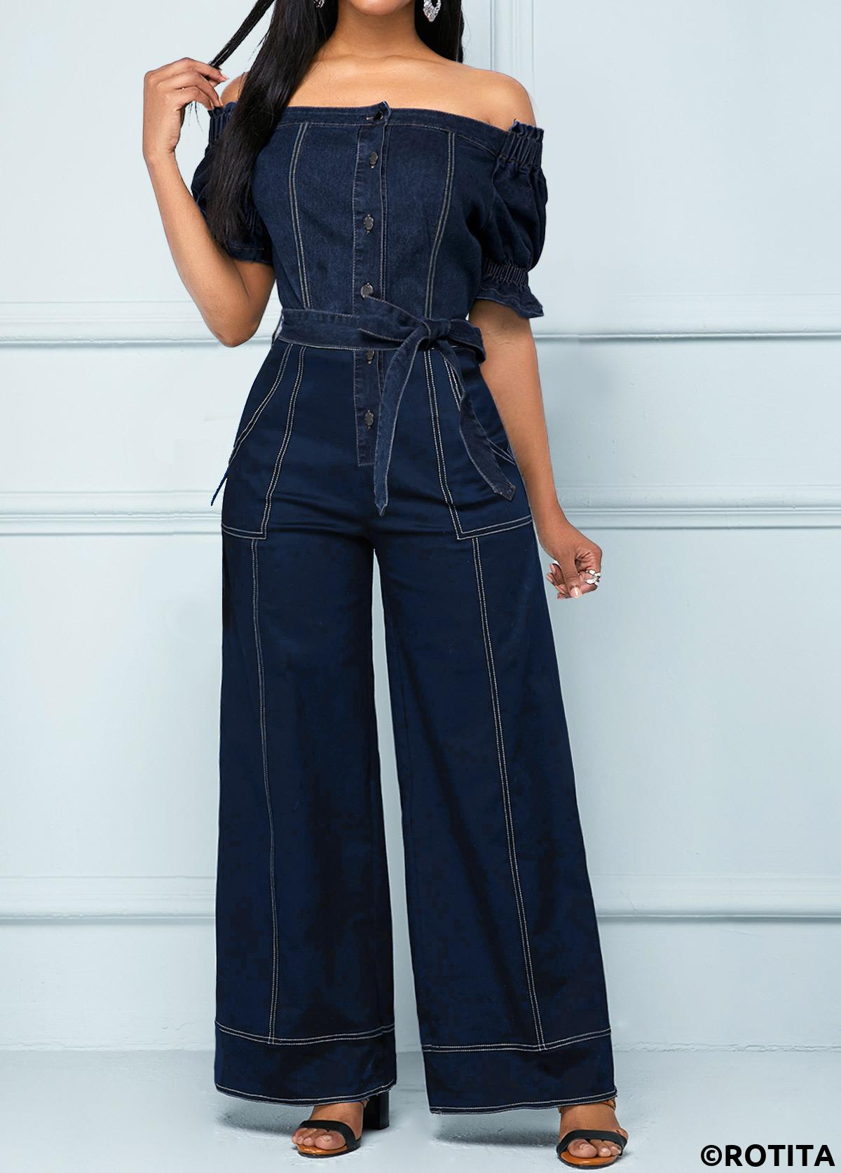 Navy jumpsuits&rompers,Plain Color jumpsuits&rompers,ROTITA Button Navy Belted Long Off Shoulder Jumpsuit