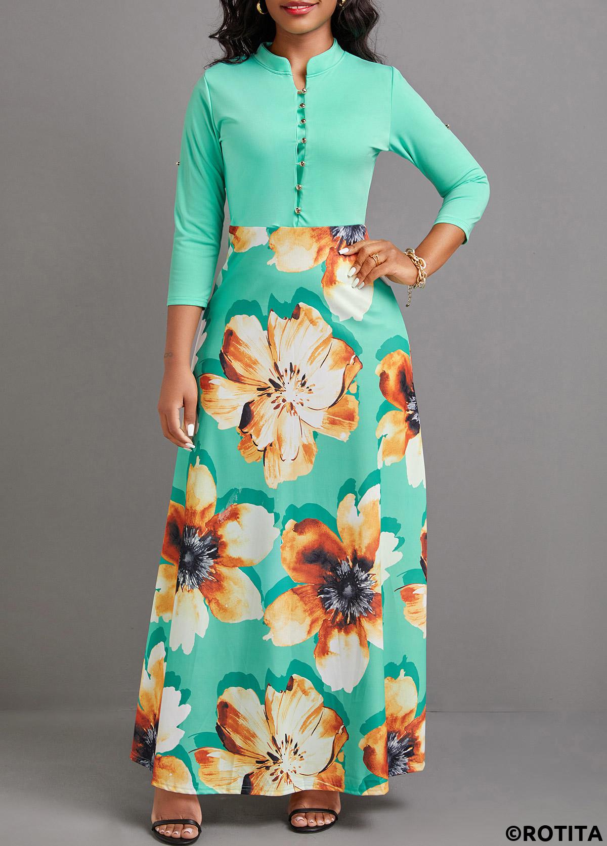 Mint Green dresses,Floral dresses,Plants dresses,Party dresses,Elegant dresses,ROTITA Button Floral Print Mint Green Maxi Dress
