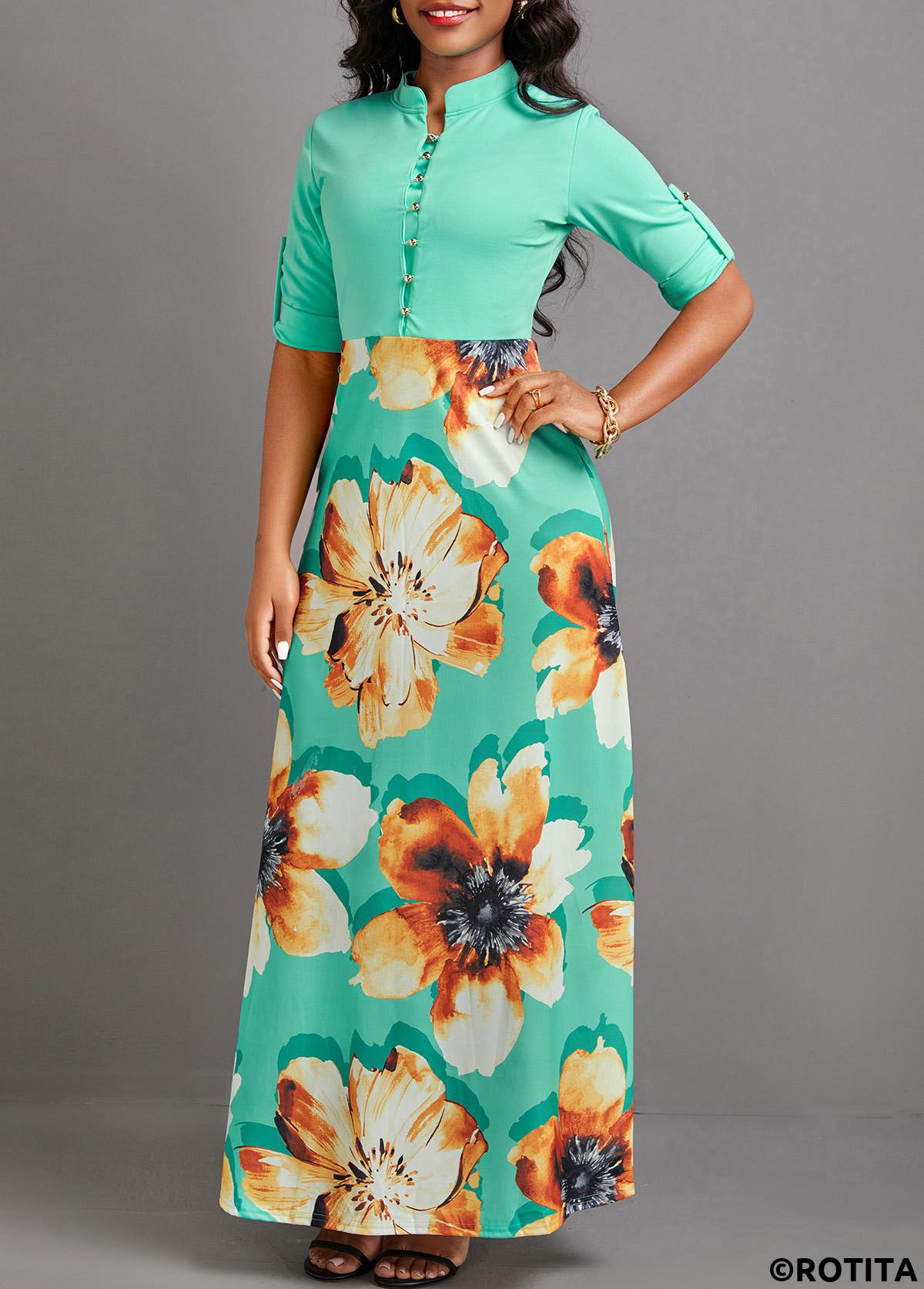Mint Green dresses,Floral dresses,Plants dresses,Party dresses,Elegant dresses,ROTITA Button Floral Print Mint Green Maxi Dress