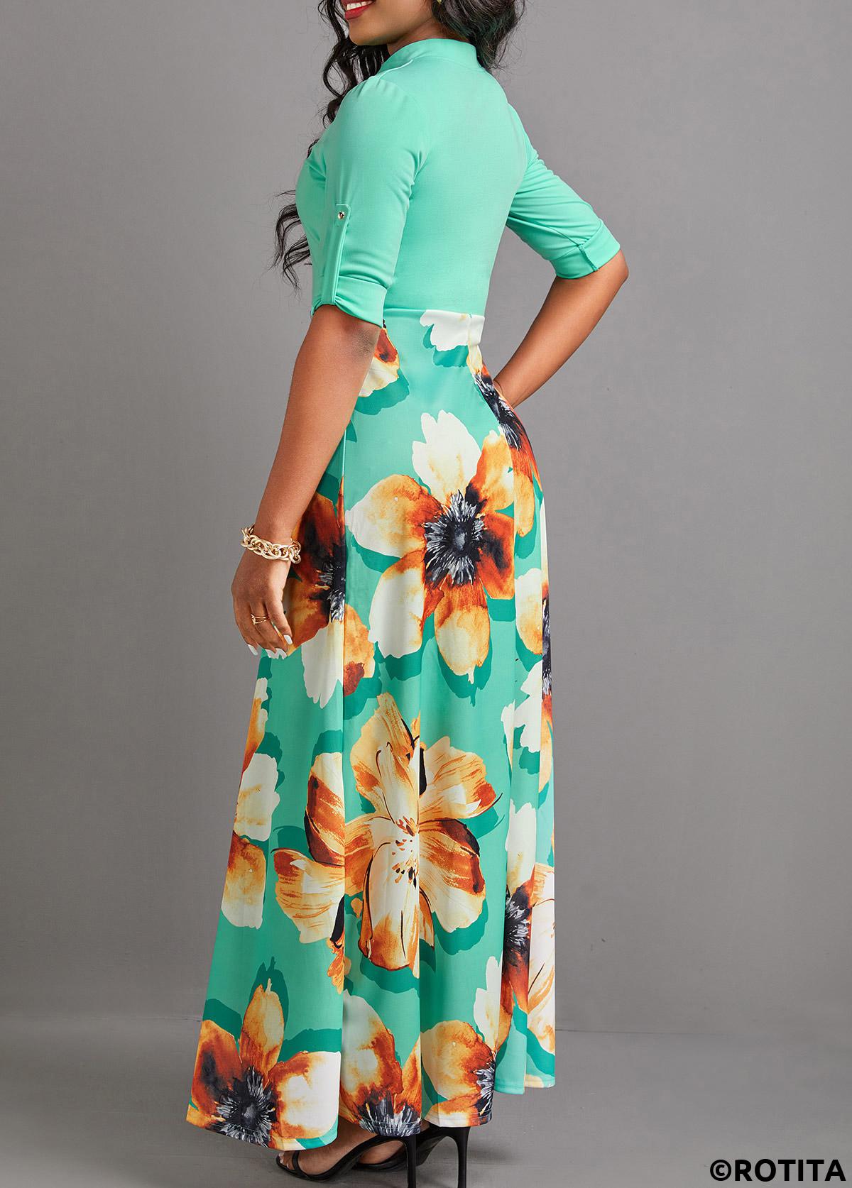 Mint Green dresses,Floral dresses,Plants dresses,Party dresses,Elegant dresses,ROTITA Button Floral Print Mint Green Maxi Dress