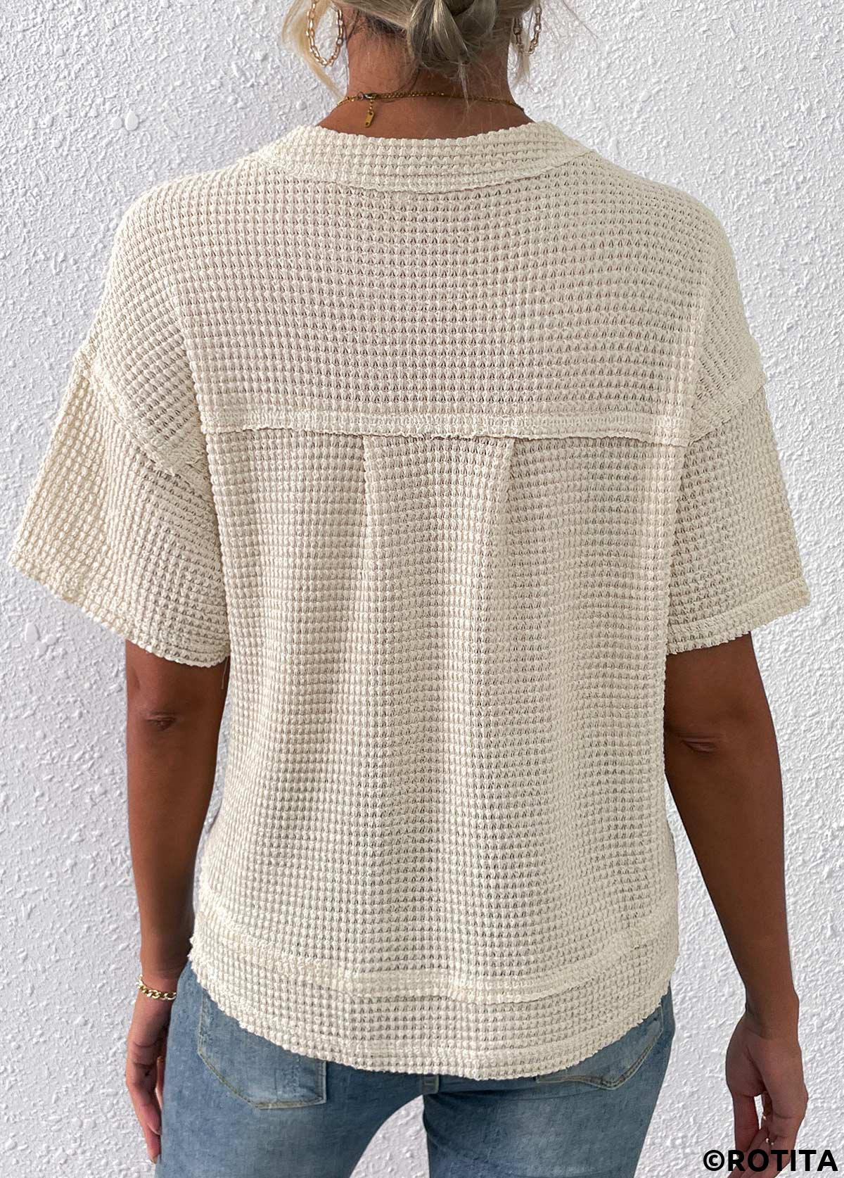 Beige tops,Plain Color tops,Pocket Beige Split Neck Short Sleeve T Shirt