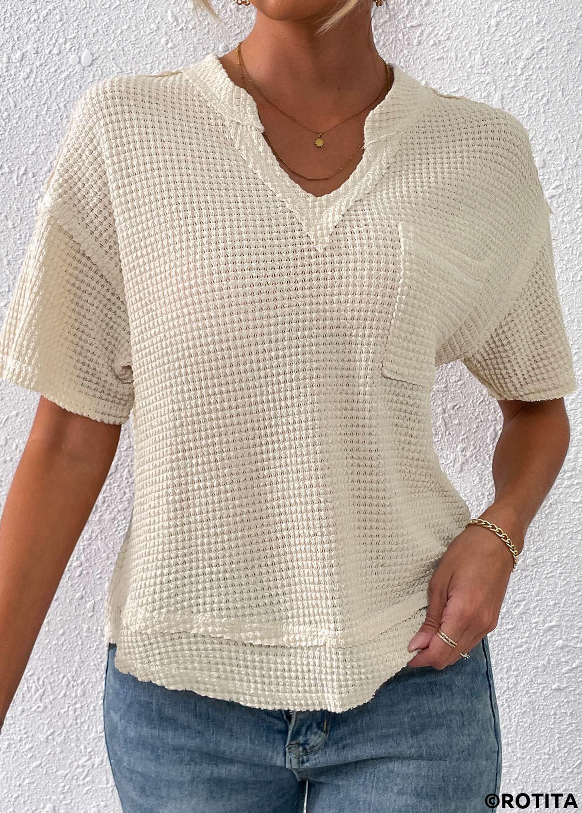 Beige tops,Plain Color tops,Pocket Beige Split Neck Short Sleeve T Shirt