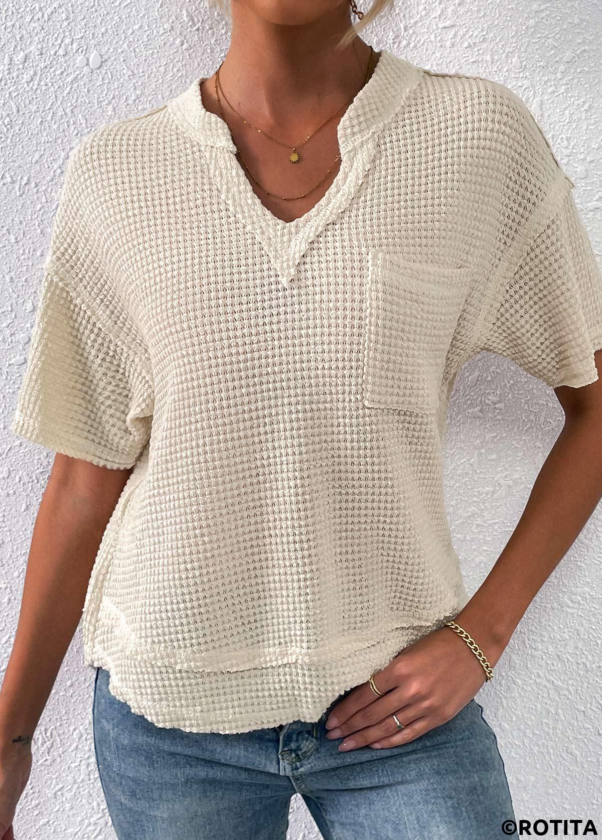 Beige tops,Plain Color tops,Pocket Beige Split Neck Short Sleeve T Shirt