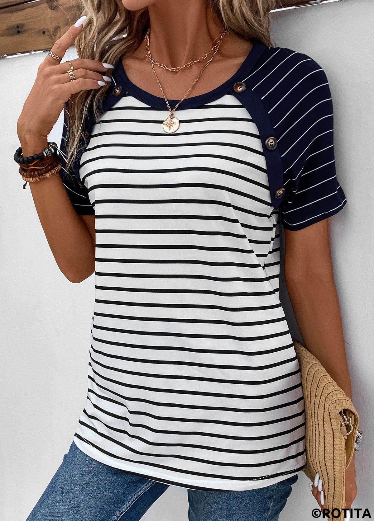 Navy tops,White tops,Striped tops,ROTITA Patchwork Striped Navy Round Neck T Shirt