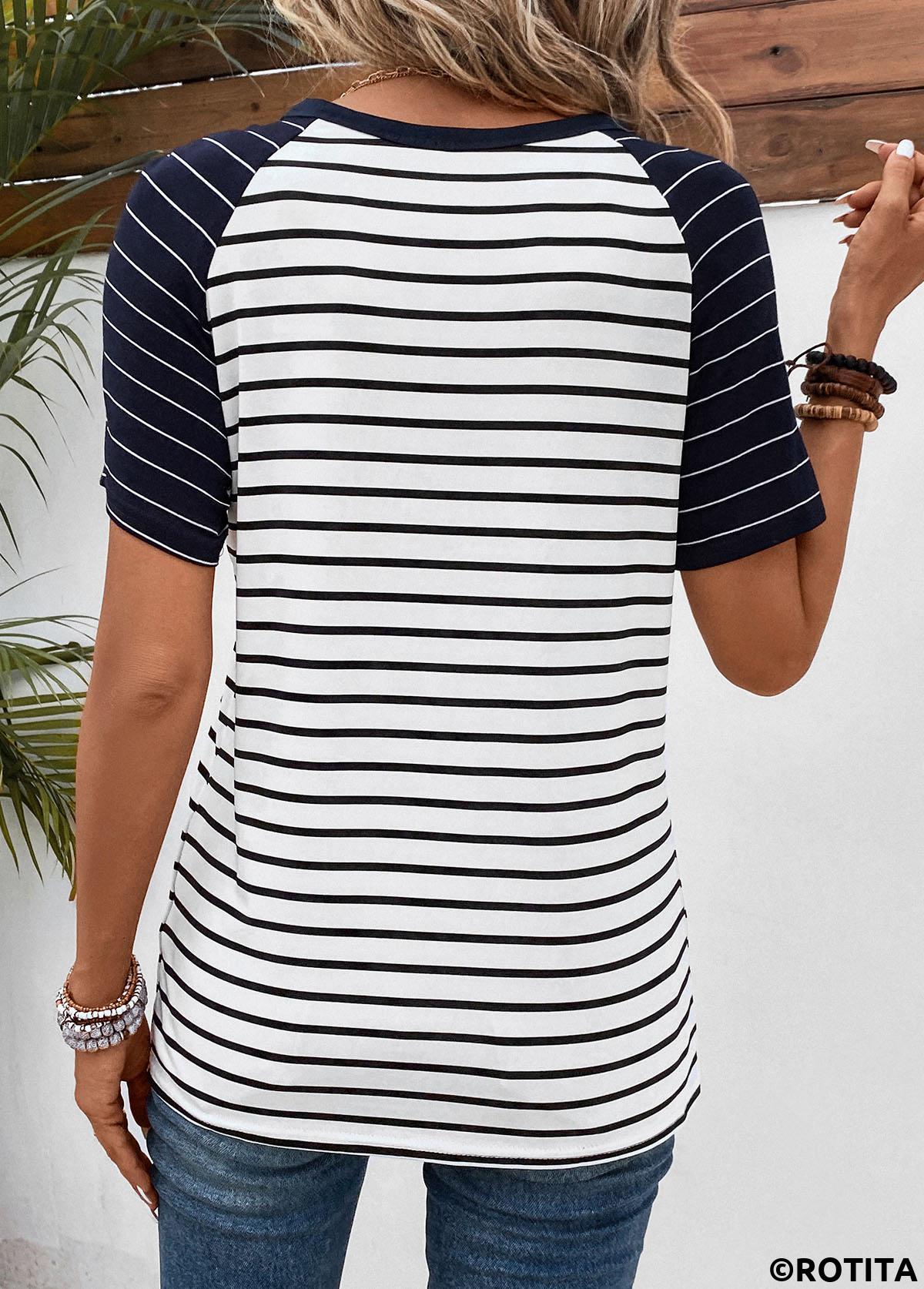 Navy tops,White tops,Striped tops,ROTITA Patchwork Striped Navy Round Neck T Shirt
