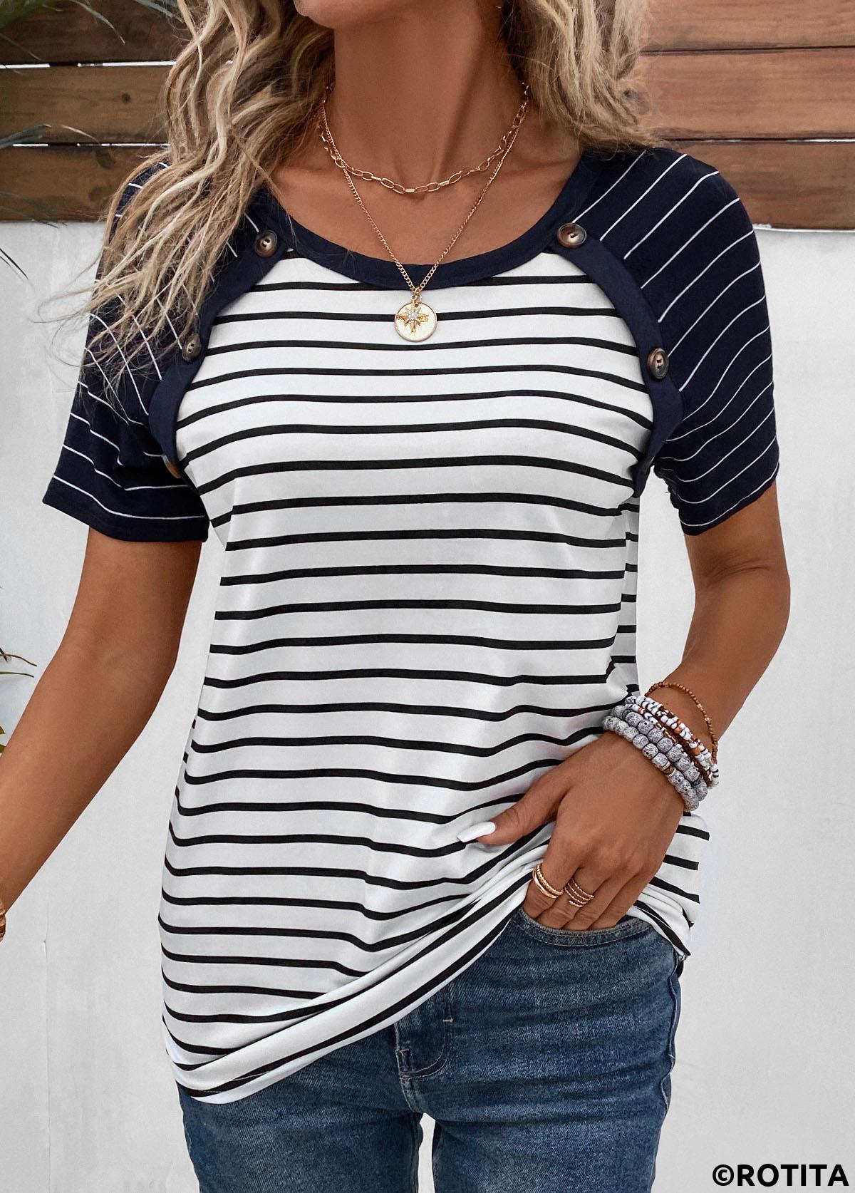 Navy tops,White tops,Striped tops,ROTITA Patchwork Striped Navy Round Neck T Shirt