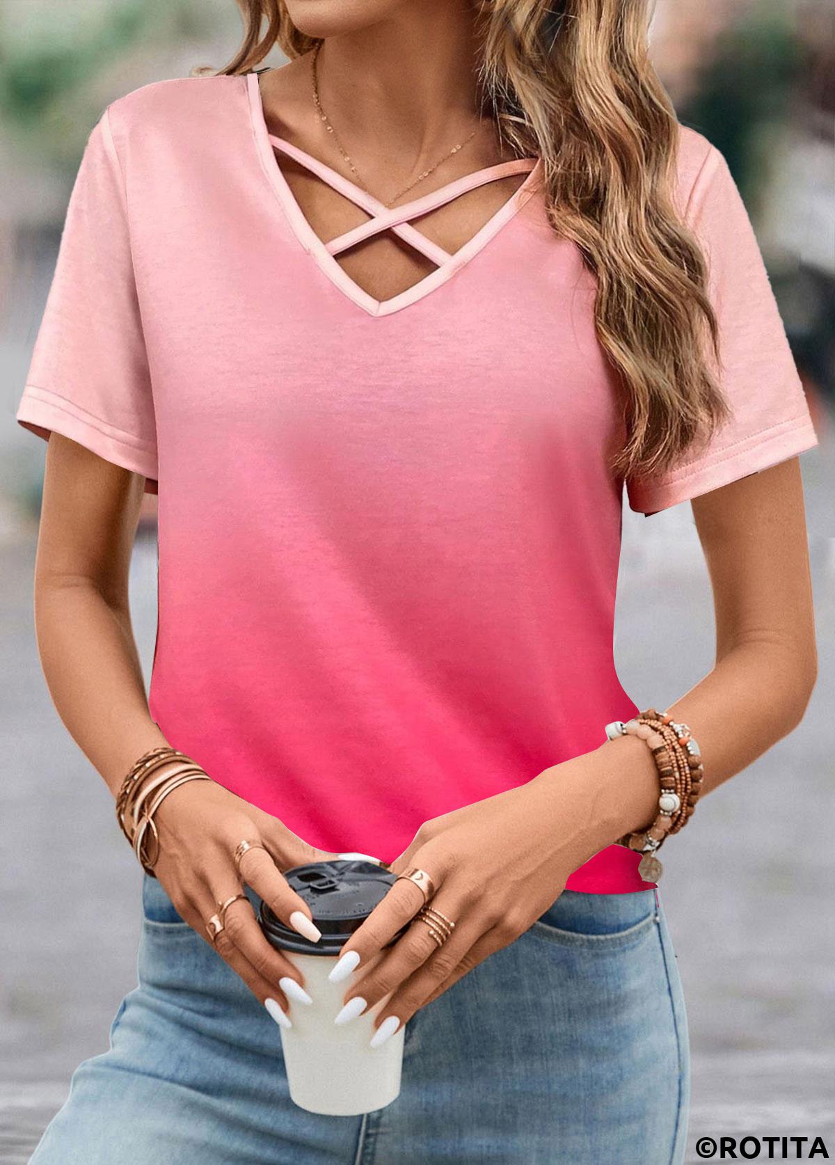Hot Pink tops,Ombre tops,ROTITA Criss Cross Ombre Hot Pink T Shirt