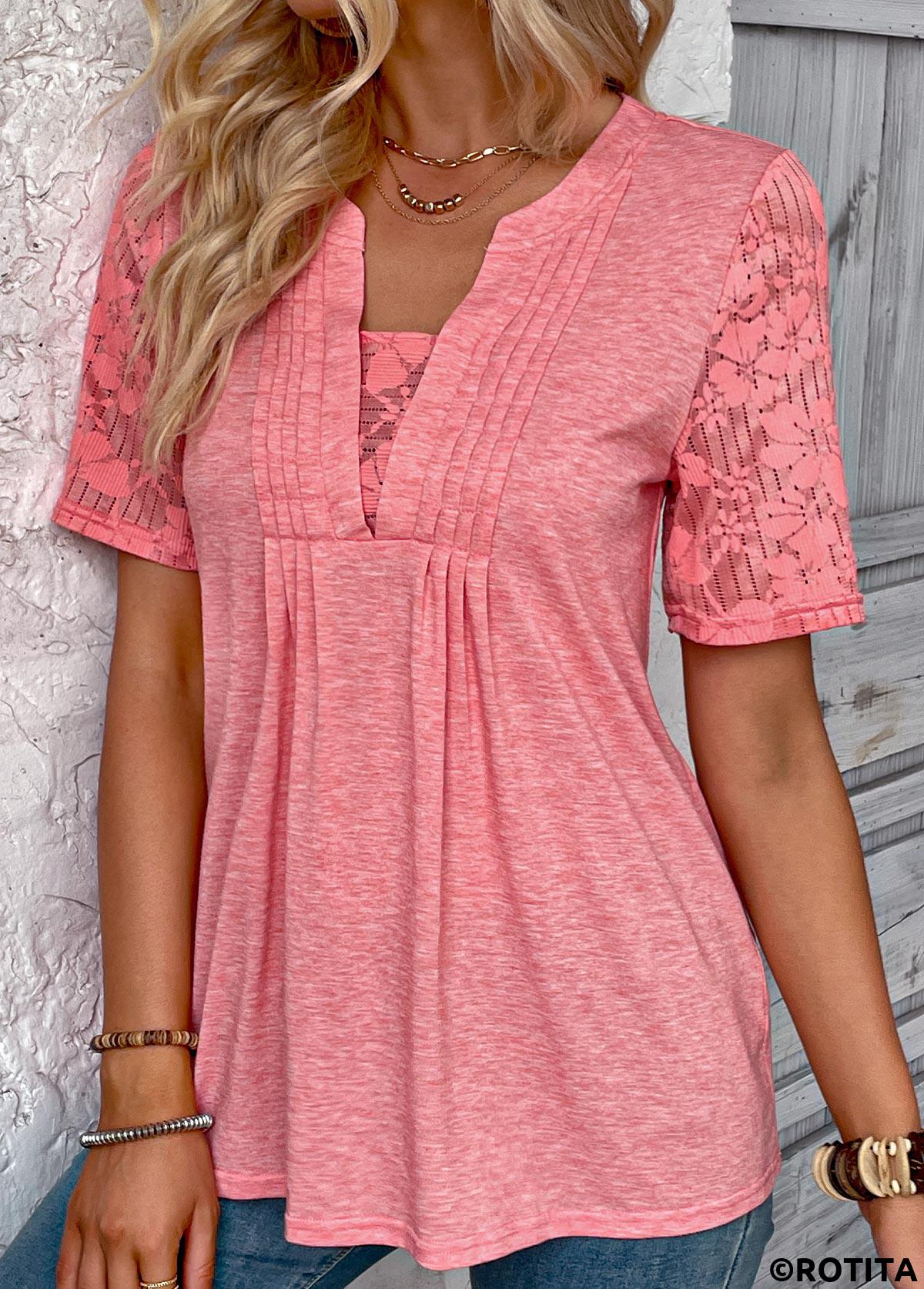 Peach Red tops,Plain Color tops,ROTITA Patchwork Peach Red Split Neck T Shirt