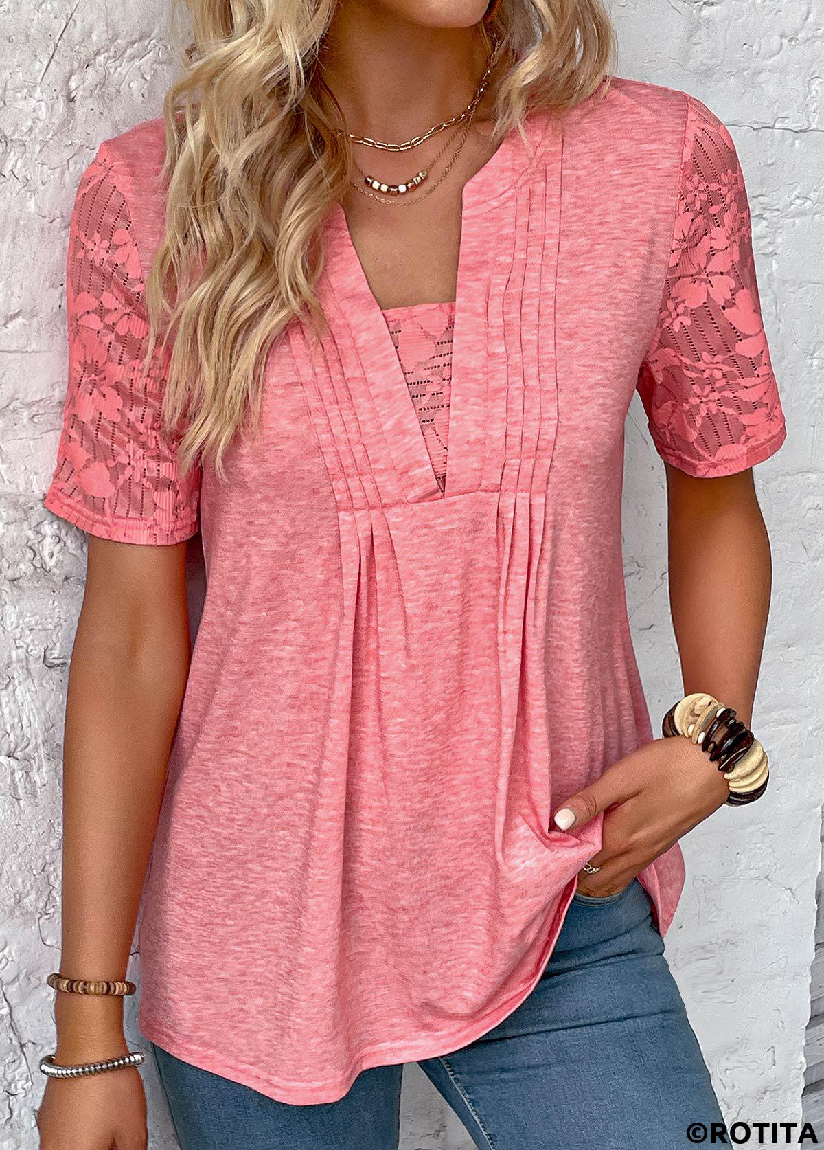 Peach Red tops,Plain Color tops,ROTITA Patchwork Peach Red Split Neck T Shirt