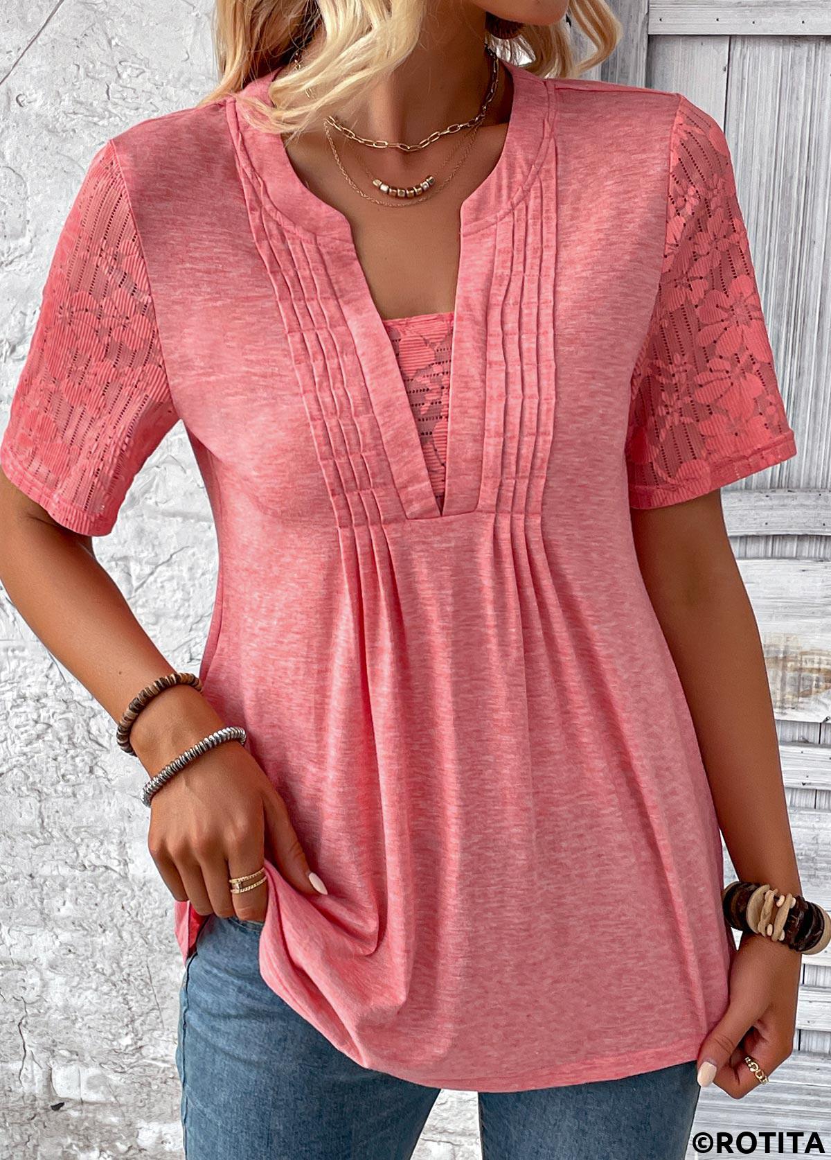 Peach Red tops,Plain Color tops,ROTITA Patchwork Peach Red Split Neck T Shirt