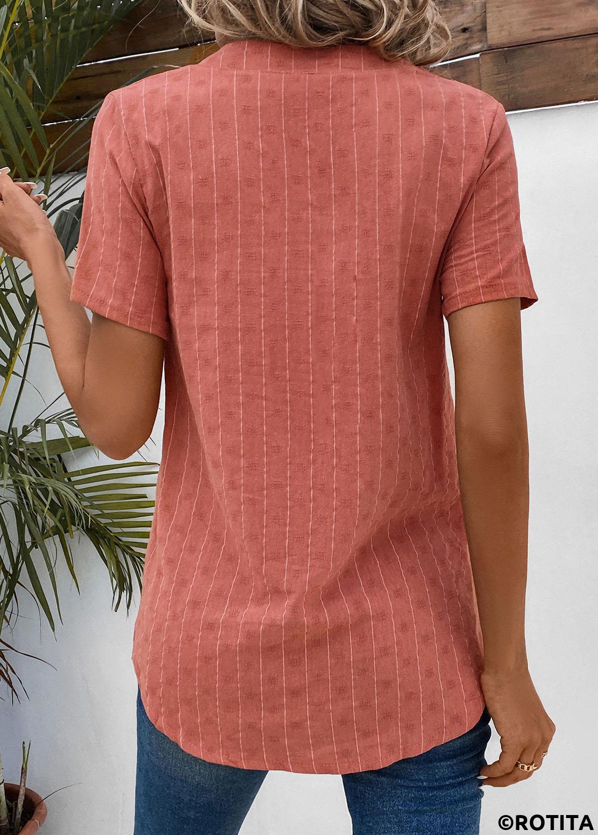 Coral tops,Striped tops,ROTITA Button Striped Coral Split Neck Short Sleeve Blouse