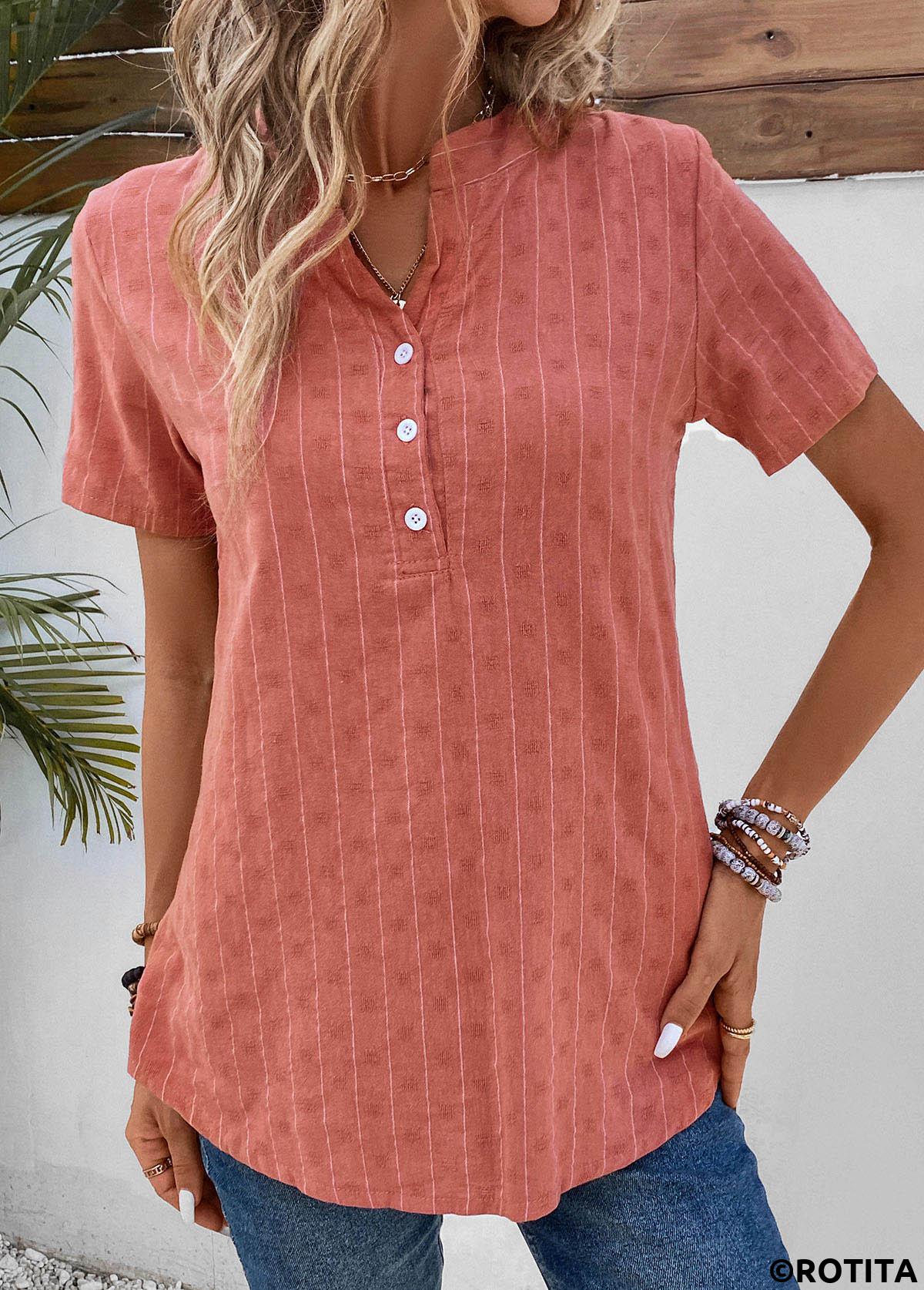 Coral tops,Striped tops,ROTITA Button Striped Coral Split Neck Short Sleeve Blouse