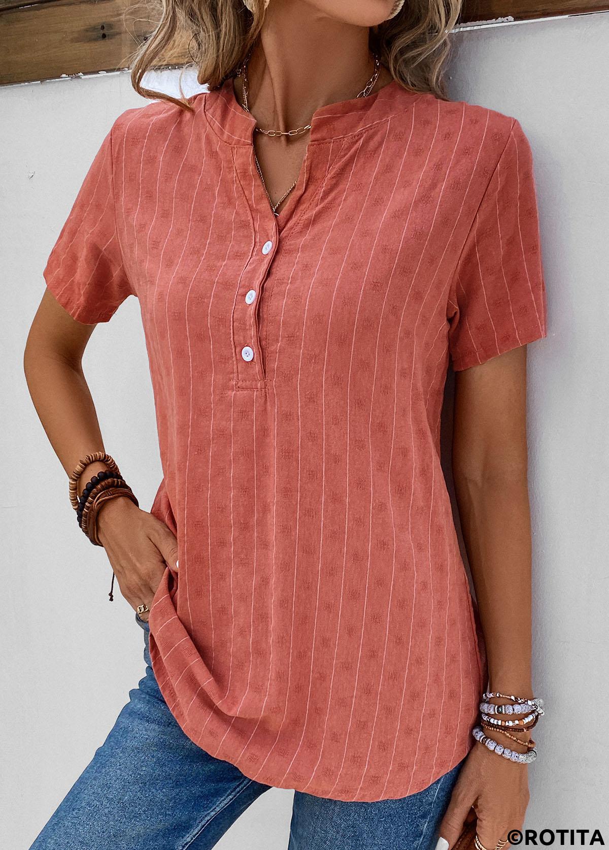 Coral tops,Striped tops,ROTITA Button Striped Coral Split Neck Short Sleeve Blouse