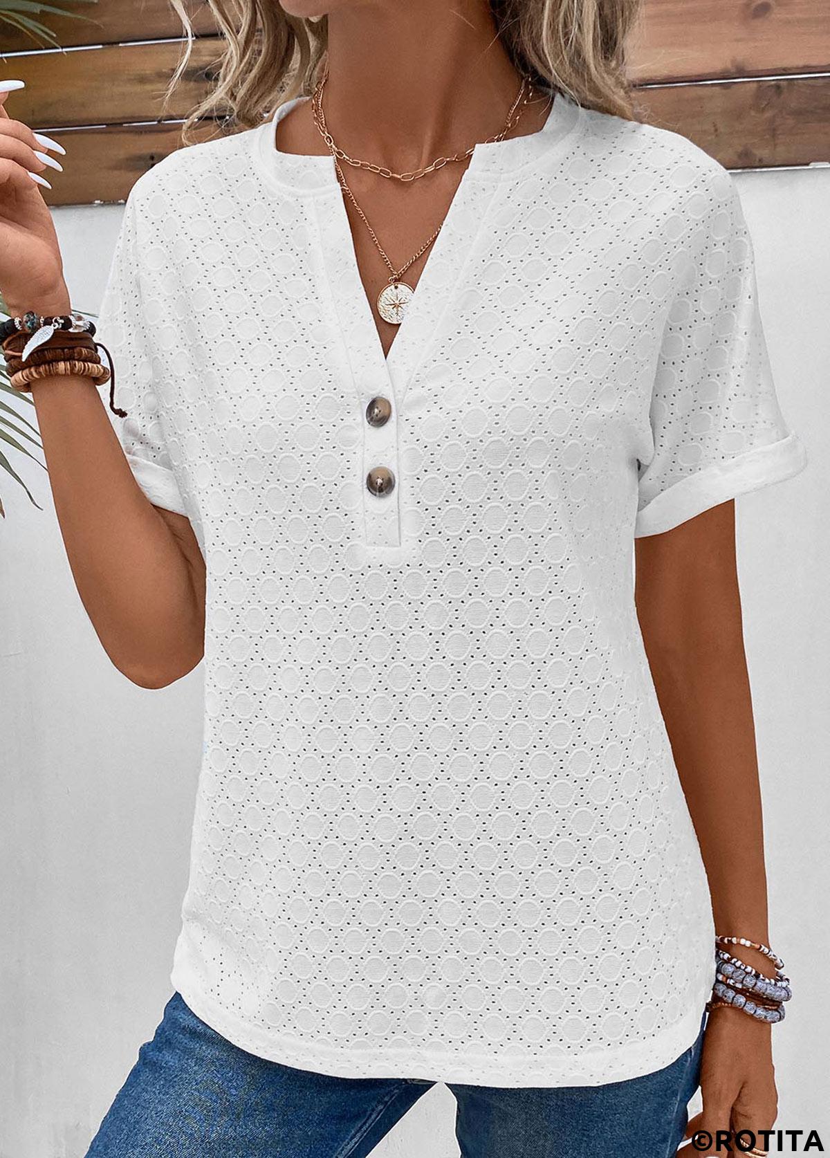 White tops,Plain Color tops,Button White Split Neck Short Sleeve T Shirt