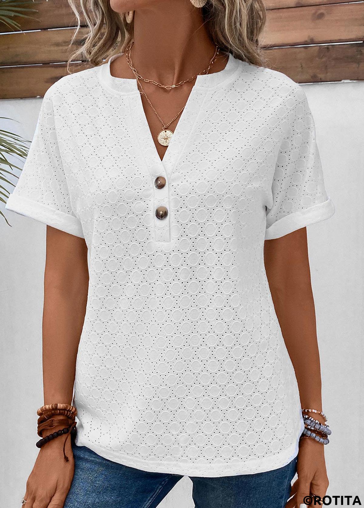 White tops,Plain Color tops,Button White Split Neck Short Sleeve T Shirt