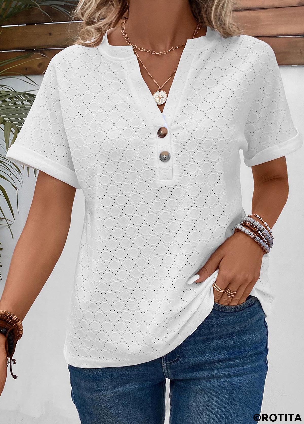 White tops,Plain Color tops,Button White Split Neck Short Sleeve T Shirt