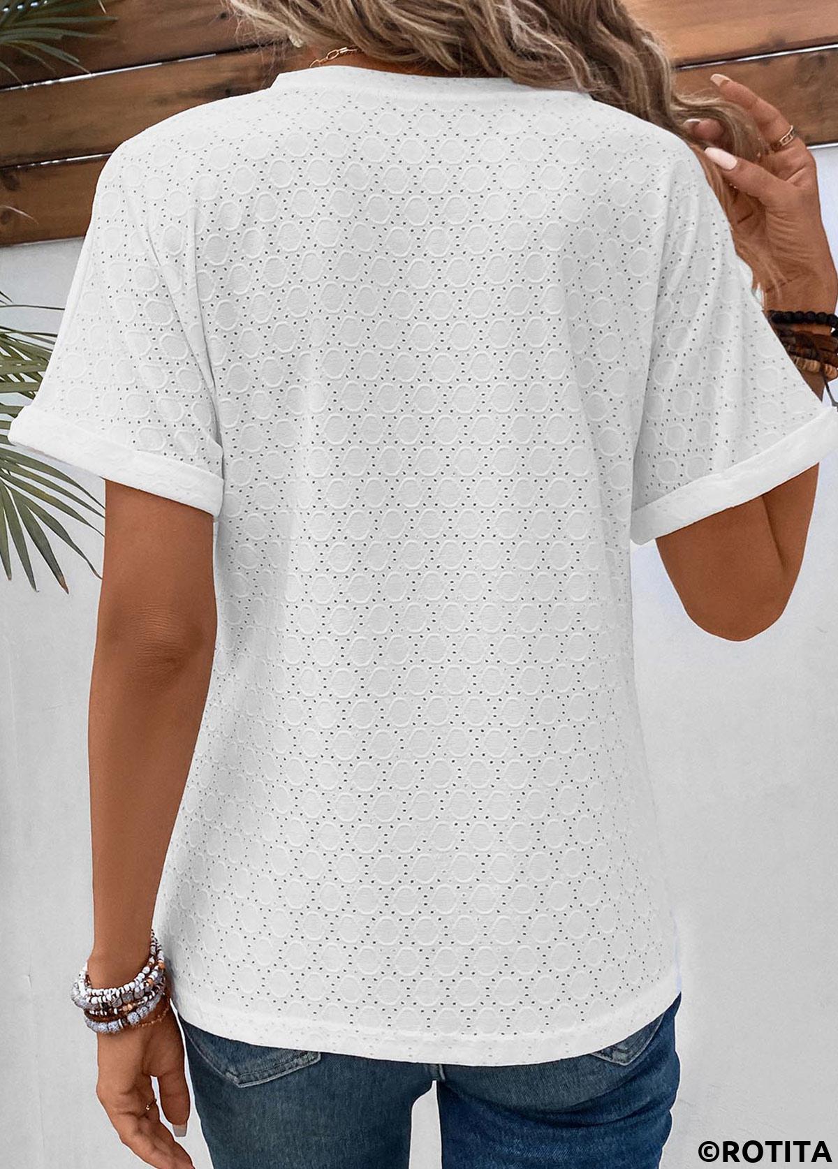 White tops,Plain Color tops,Button White Split Neck Short Sleeve T Shirt