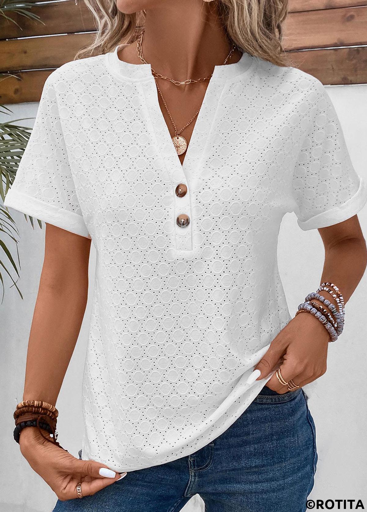 White tops,Plain Color tops,Button White Split Neck Short Sleeve T Shirt