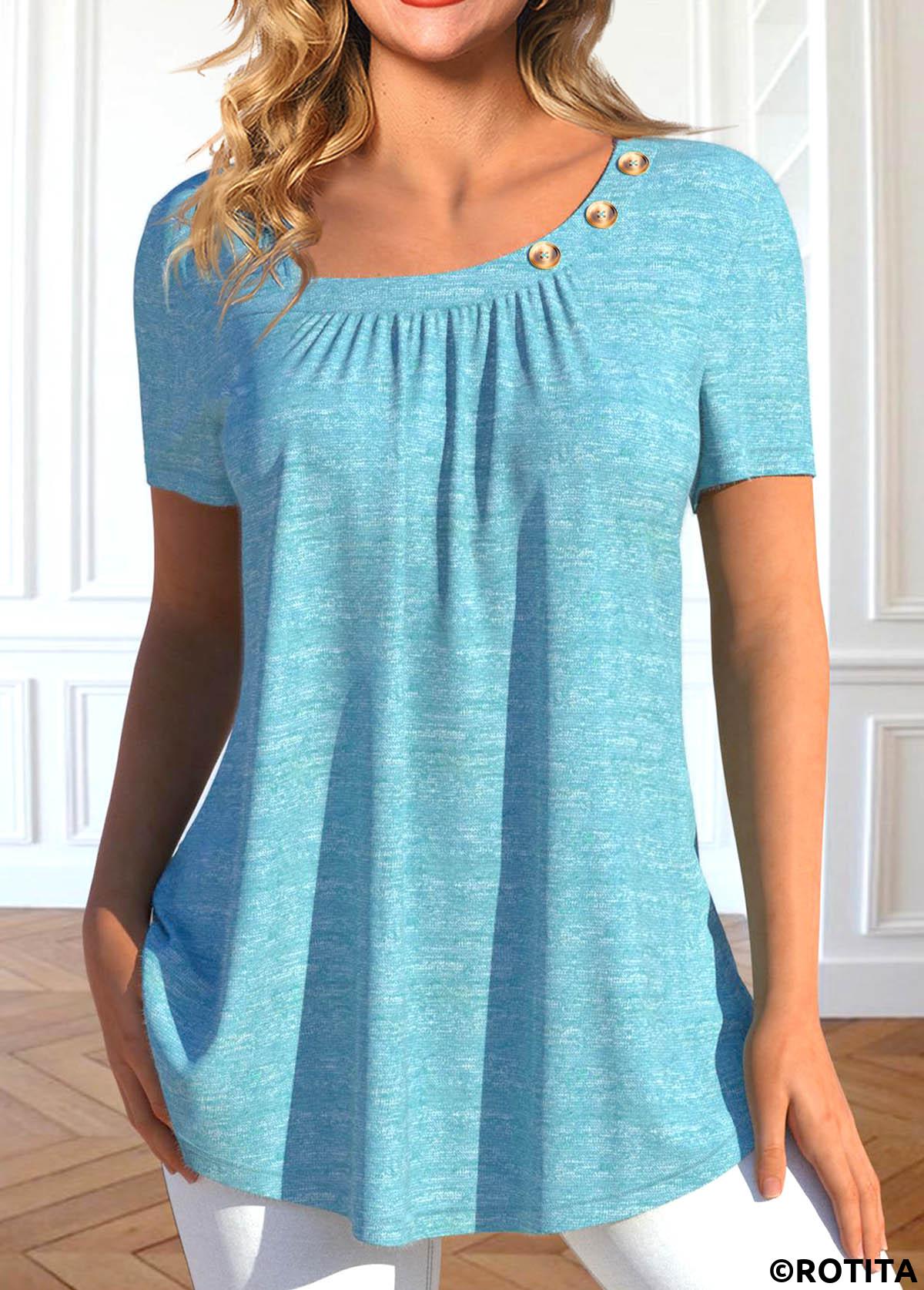 Light Blue tops,Plain Color tops,ROTITA Asymmetry Light Blue Asymmetrical Neck T Shirt