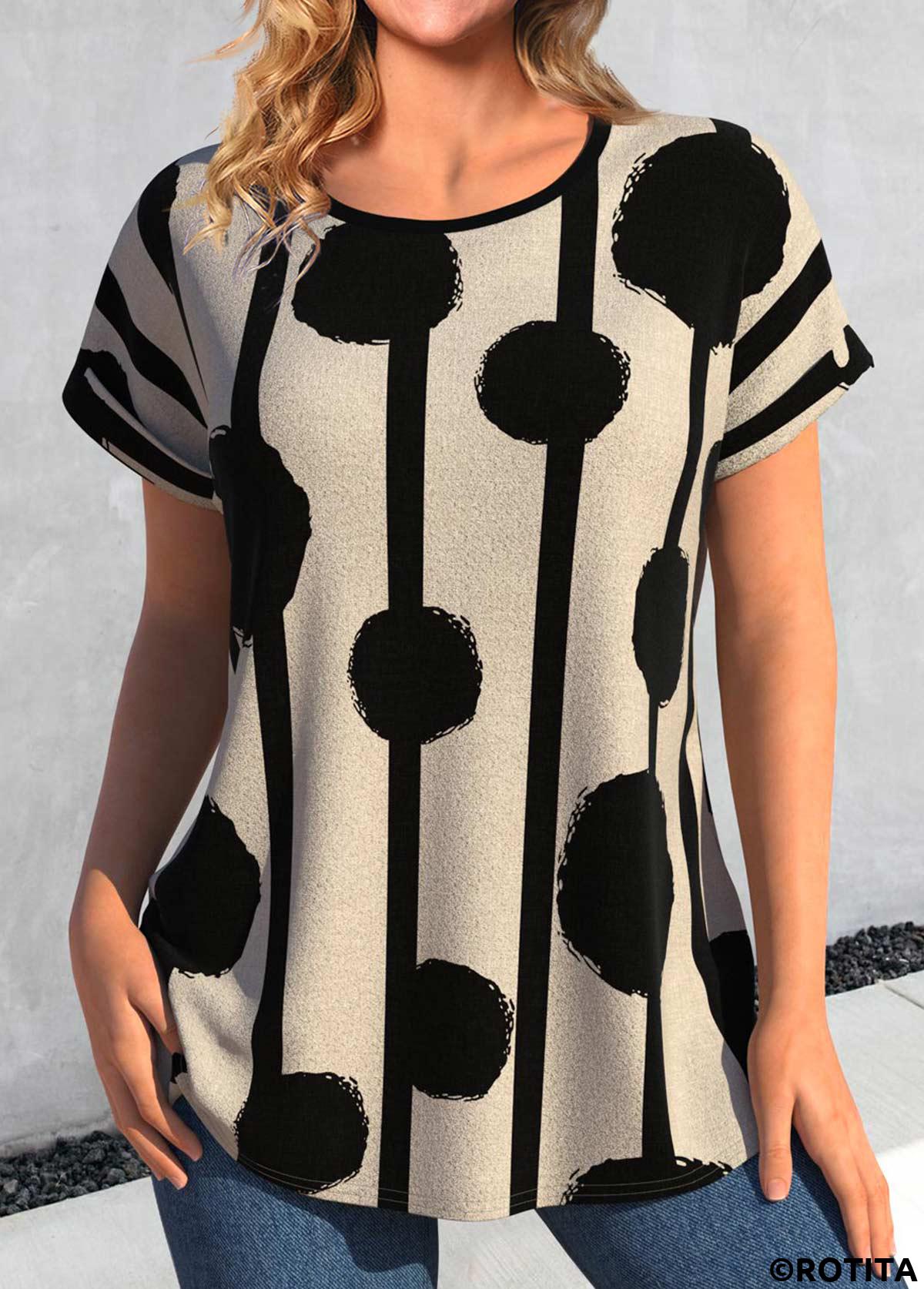 ROTITA T-shirt à col rond camel foncé à imprimé géométrique