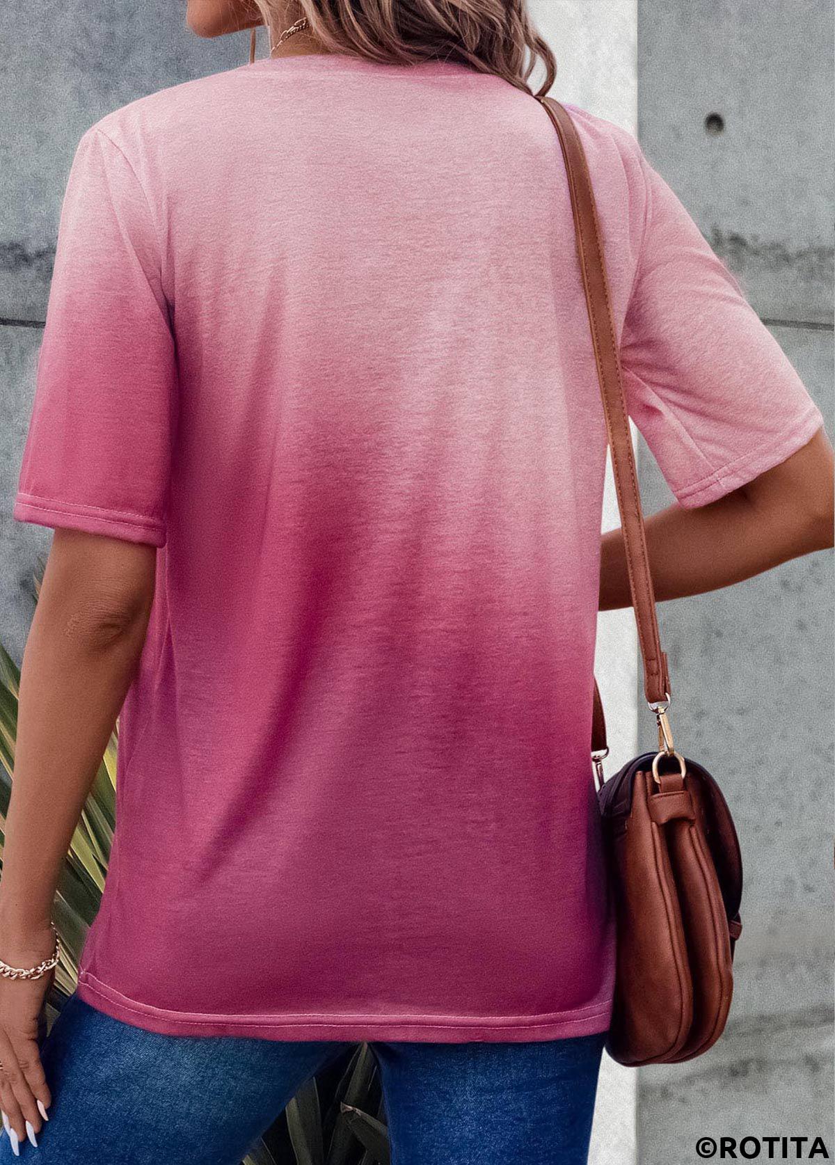 Pink tops,Ombre tops,Pocket Ombre Pink Round Neck T Shirt