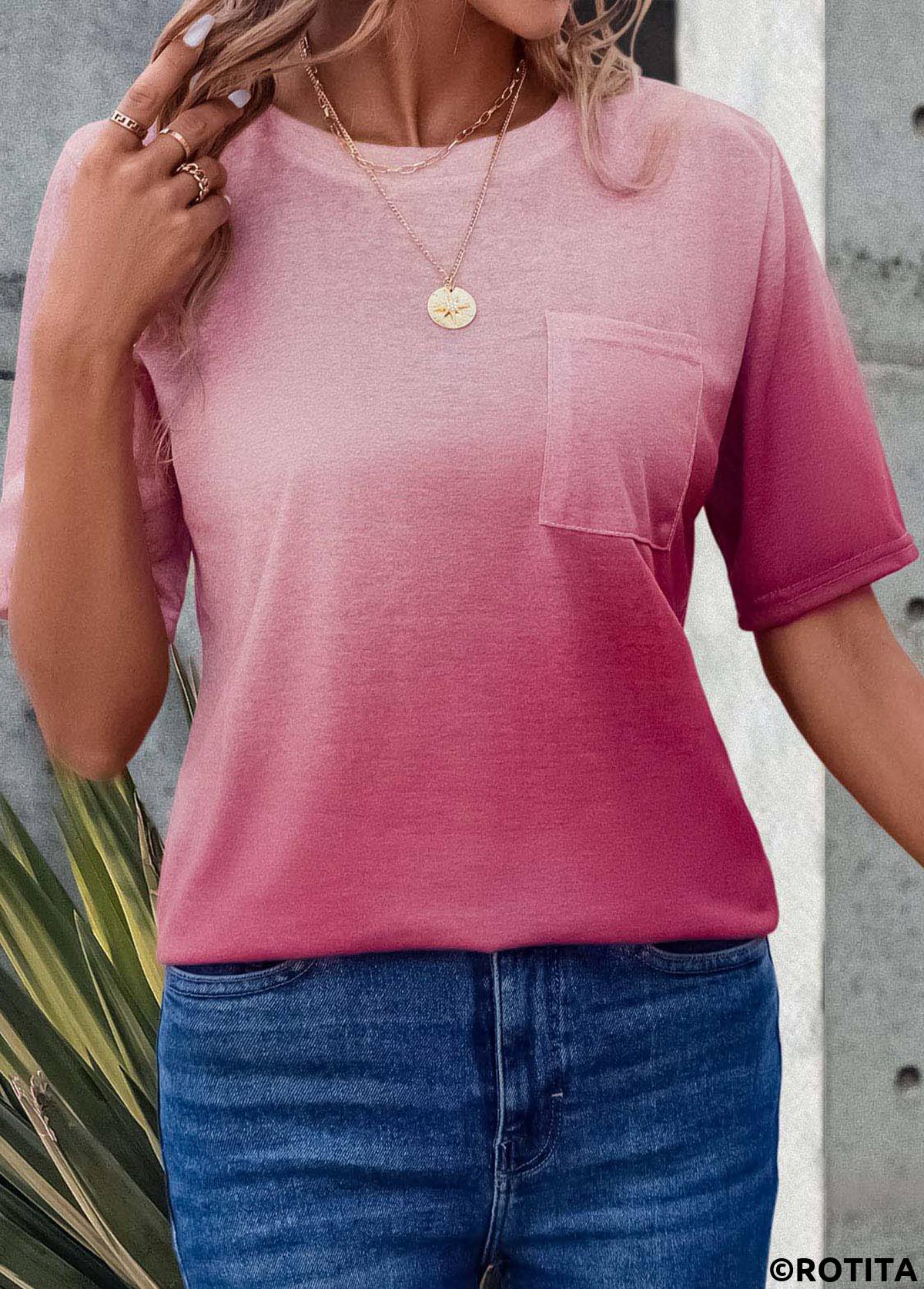 Pink tops,Ombre tops,Pocket Ombre Pink Round Neck T Shirt