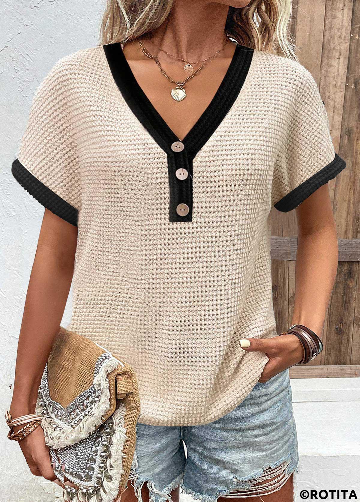 ROTITA T-shirt beige à manches courtes et col en V