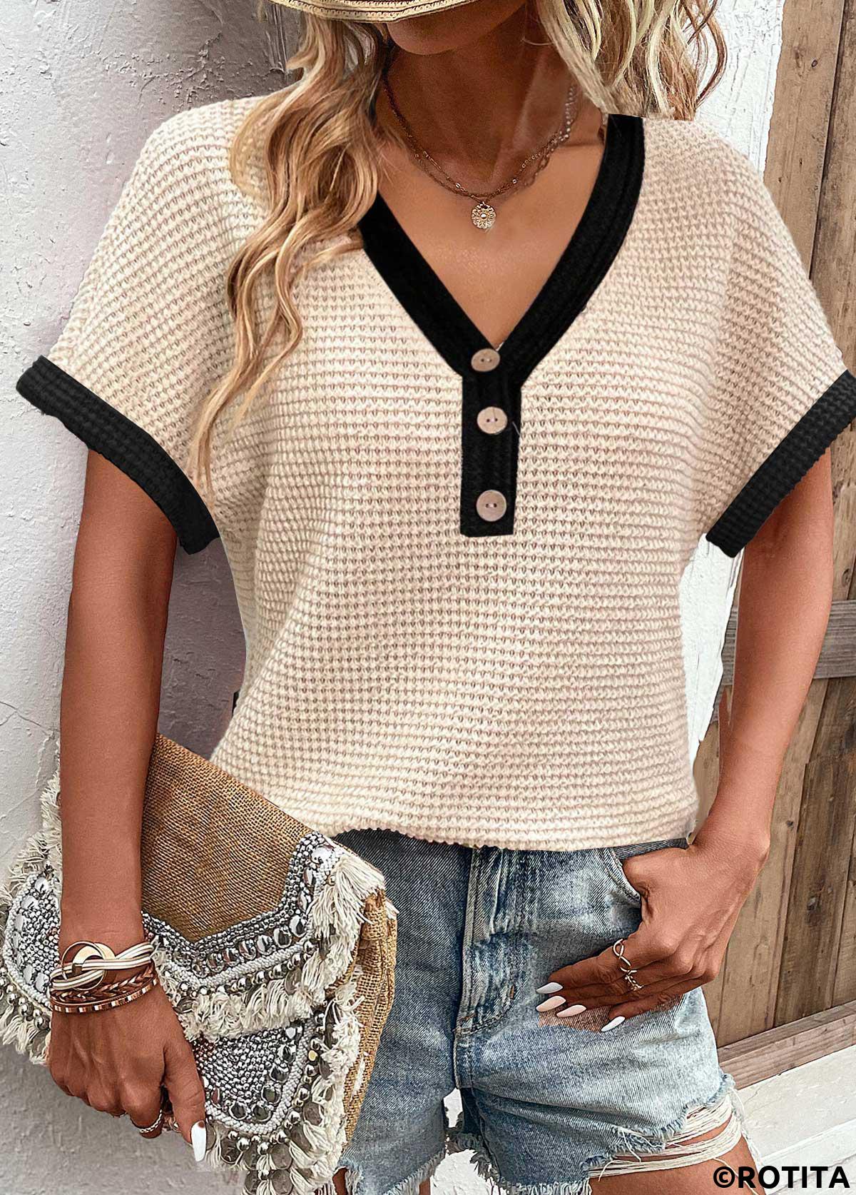 ROTITA T-shirt beige à manches courtes et col en V